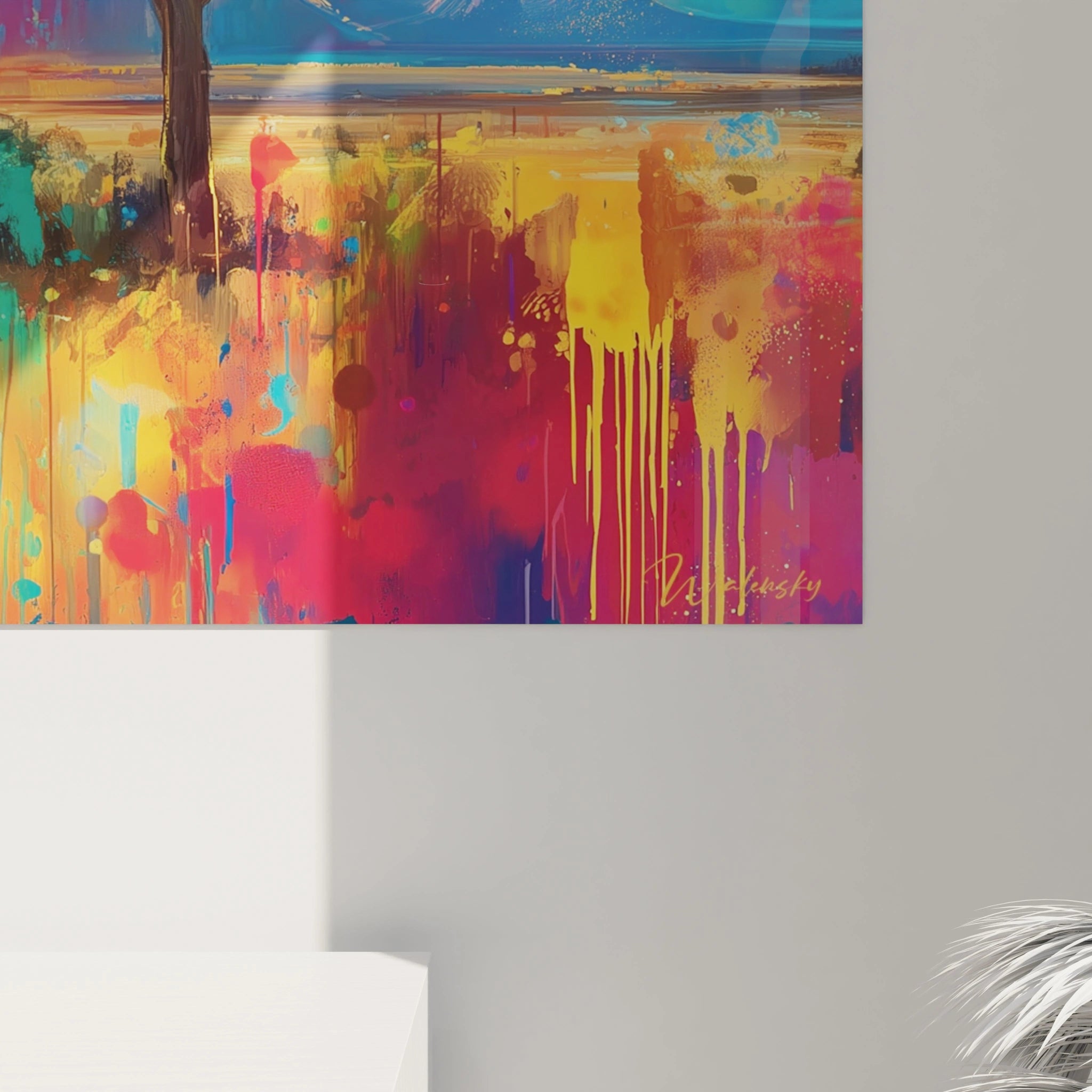 Tableau mural vibrant de paysage africain avec des couleurs éclatantes et des détails artistiques