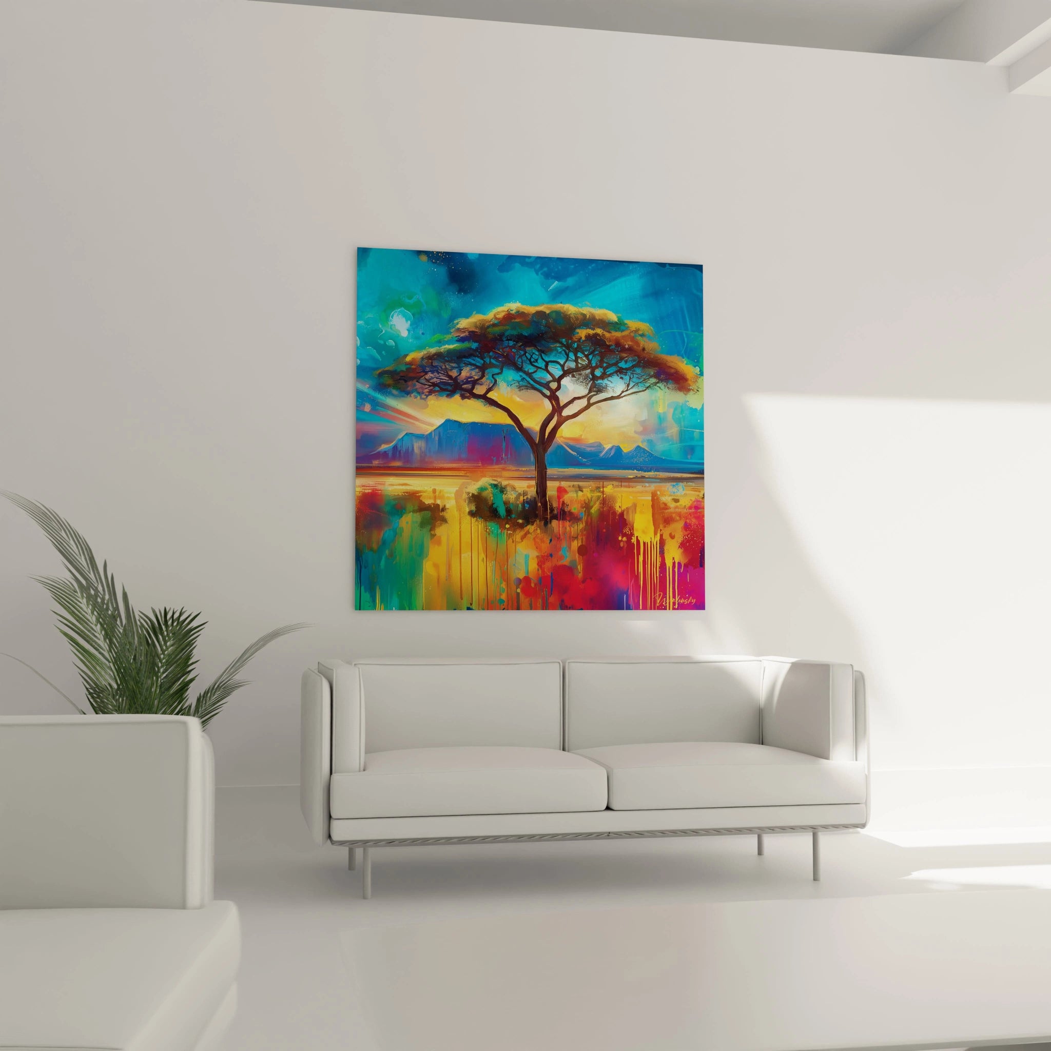 Tableau mural paysage africain coloré avec un arbre majestueux et un ciel vibrant