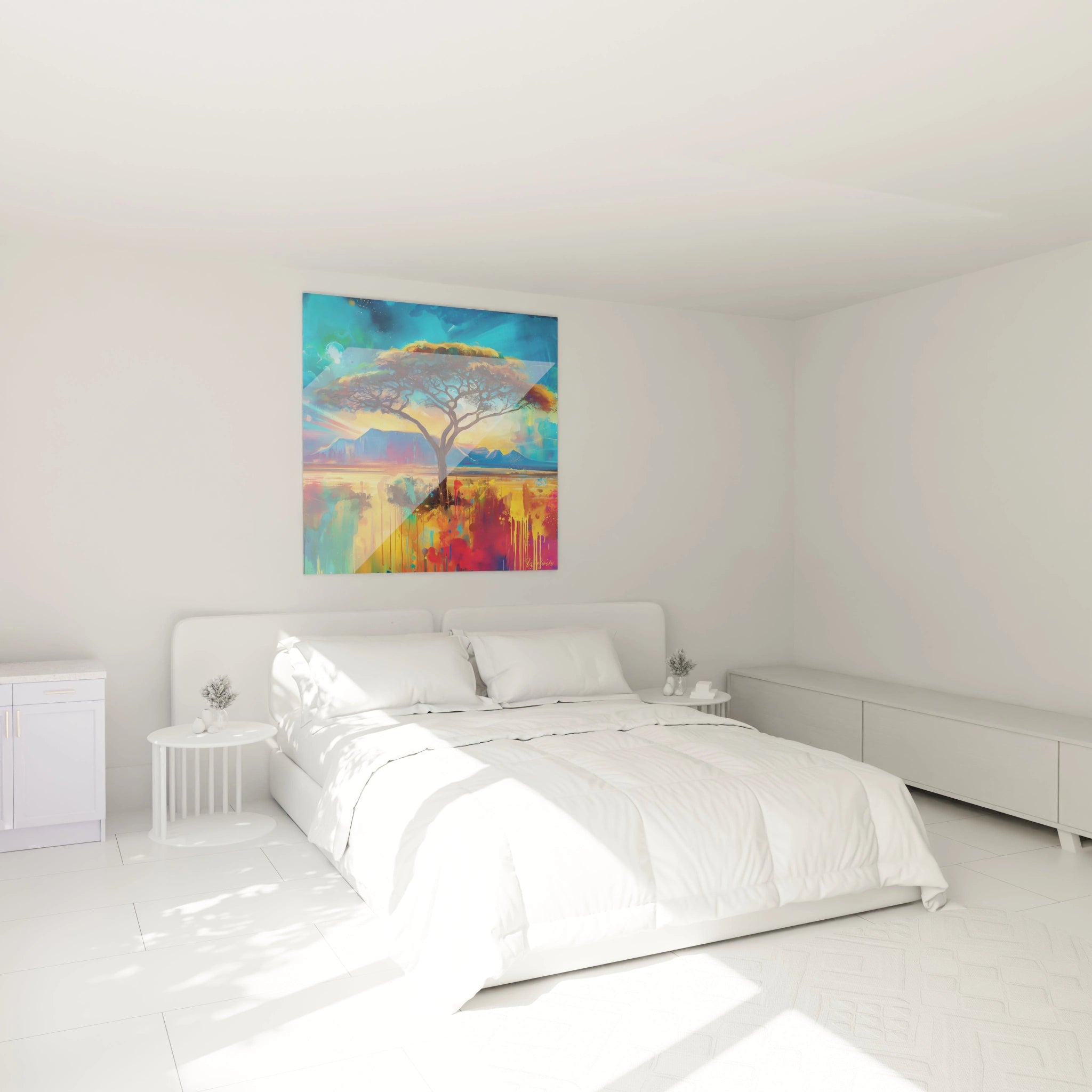 Tableau paysage africain coloré accroché au mur dans une chambre moderne lumineuse