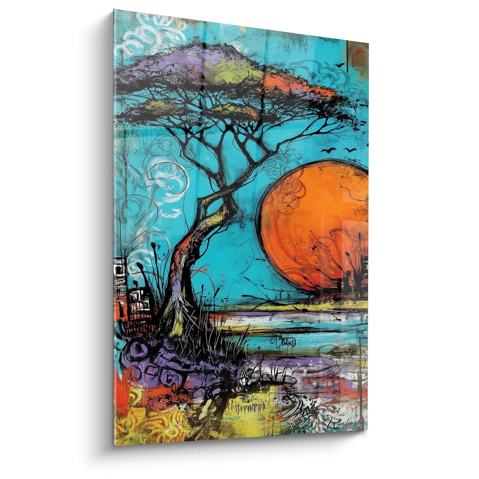 Tableau mural paysage africain moderne avec un arbre et un soleil orange vif