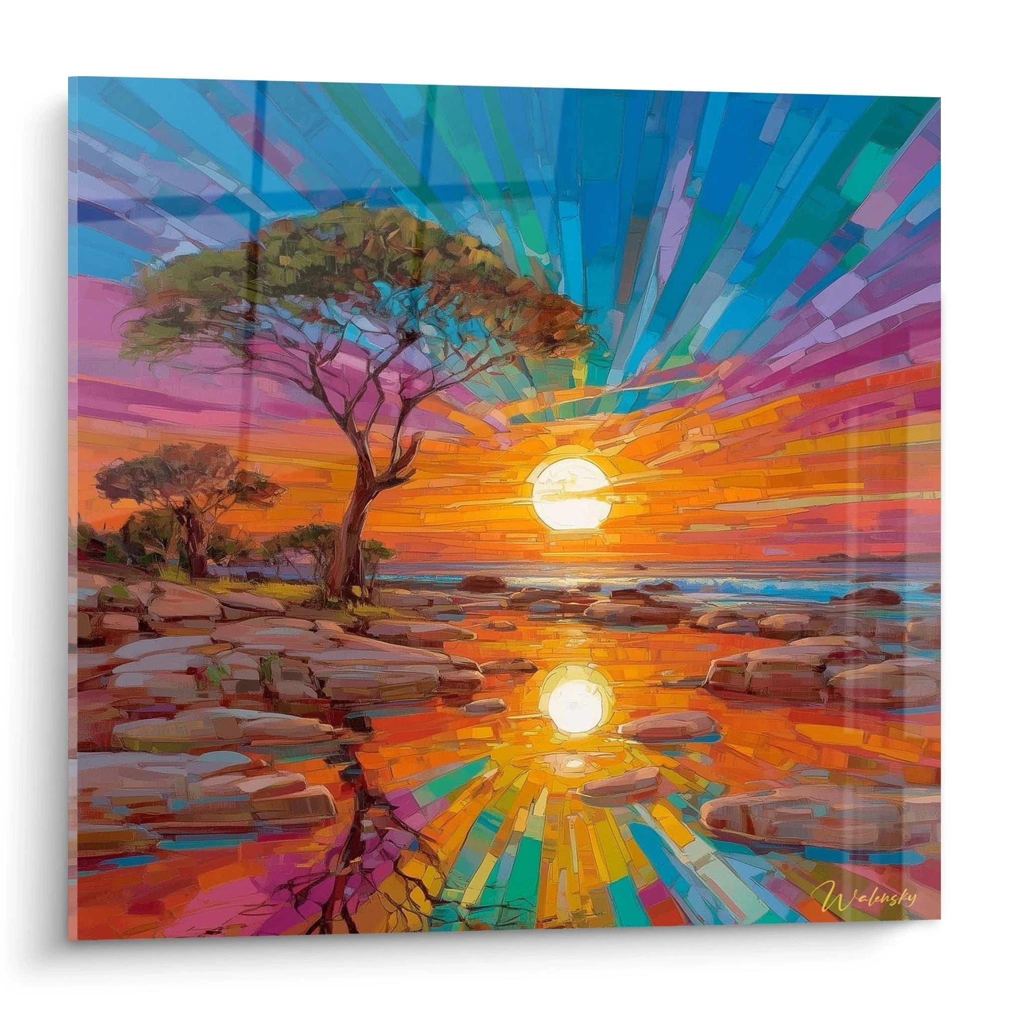 Tableau paysage africain contemporain de Walensky avec un coucher de soleil vibrant sur un lac