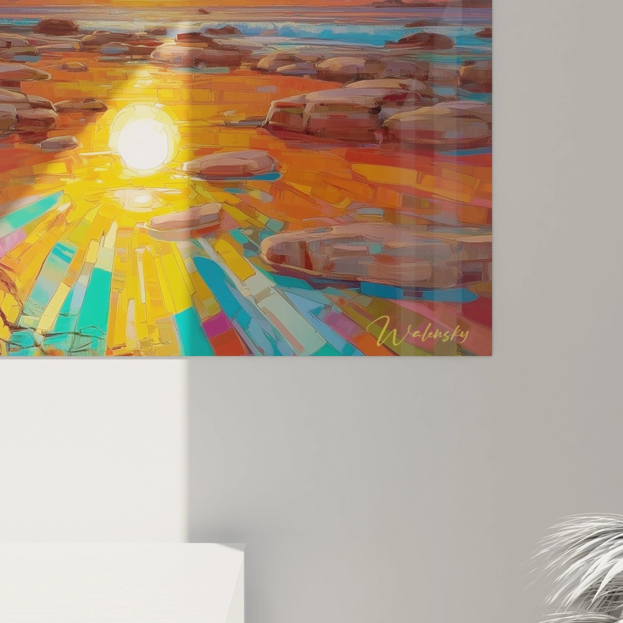 Tableau mural paysage africain contemporain de Walensky avec des couleurs vives et un coucher de soleil