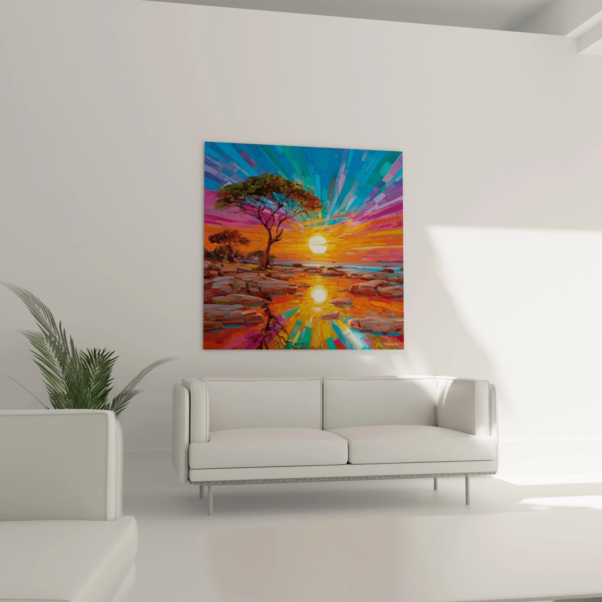 Tableau paysage africain contemporain avec des couleurs vives représentant un coucher de soleil sur des rochers