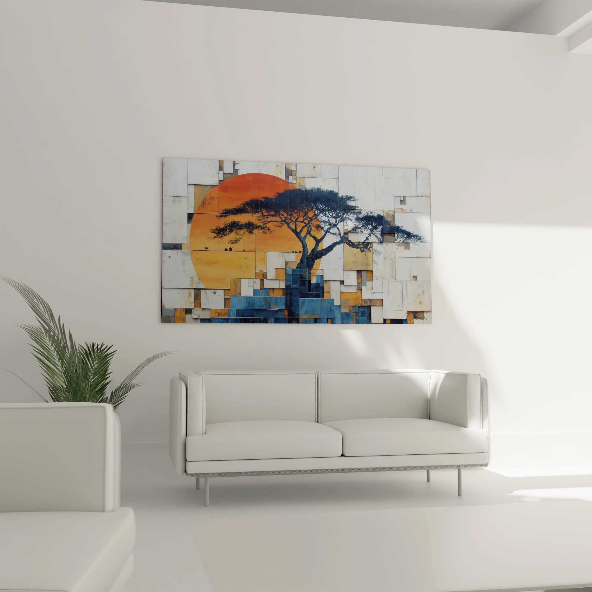 Tableau africain paysage représentant un coucher de soleil avec un arbre emblématique sur fond de mosaïque