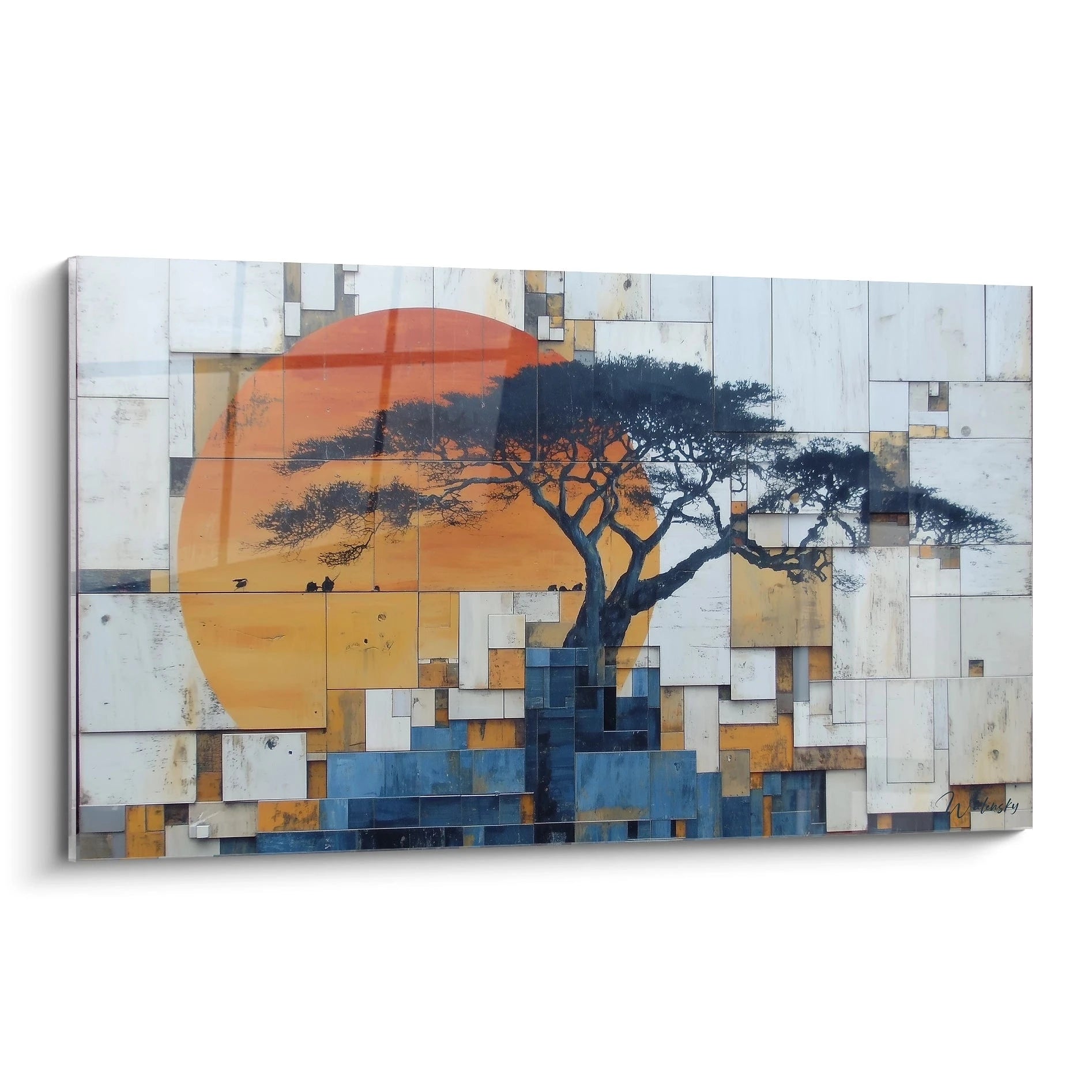 Tableau africain paysage avec un arbre silhouetté devant un soleil orange vibrant sur un fond artistique