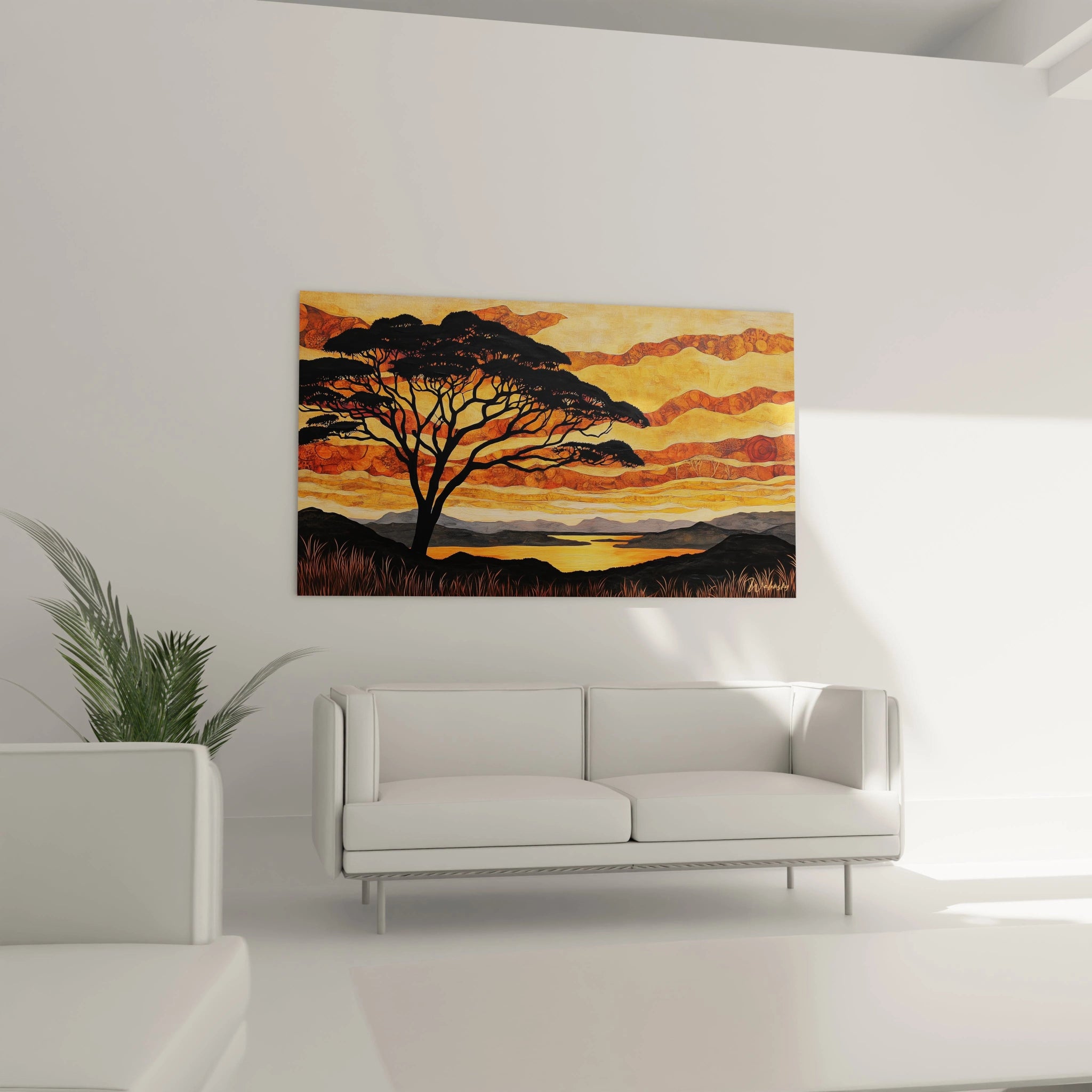 Un tableau acacia savane capturant la silhouette noire détaillée d'un arbre majestueux sur un ciel texturé aux strates orangées et dorées, surplombant un paysage de collines sombres et un lac reflétant les dernières lueurs du jour.