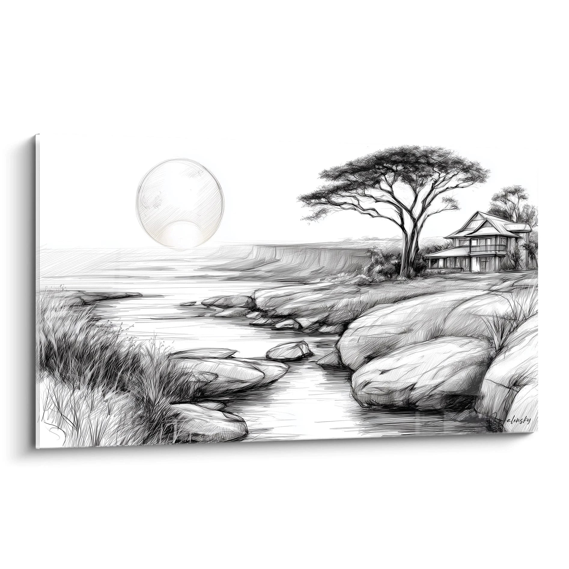 Tableau mural paysage africain moderne en noir et blanc avec un coucher de soleil et une maison au bord de l'eau