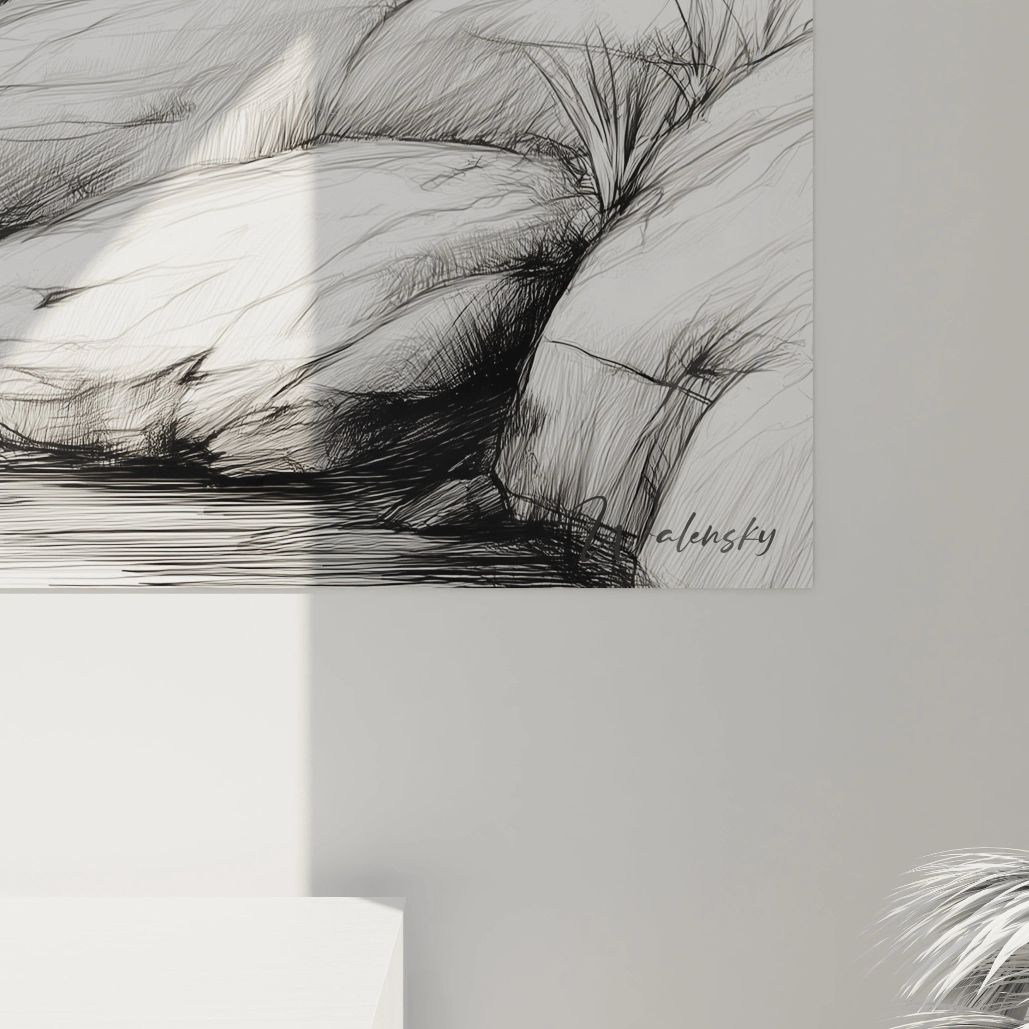 Tableau paysage africain moderne de Walensky, représentant des collines stylisées et des éléments naturels.