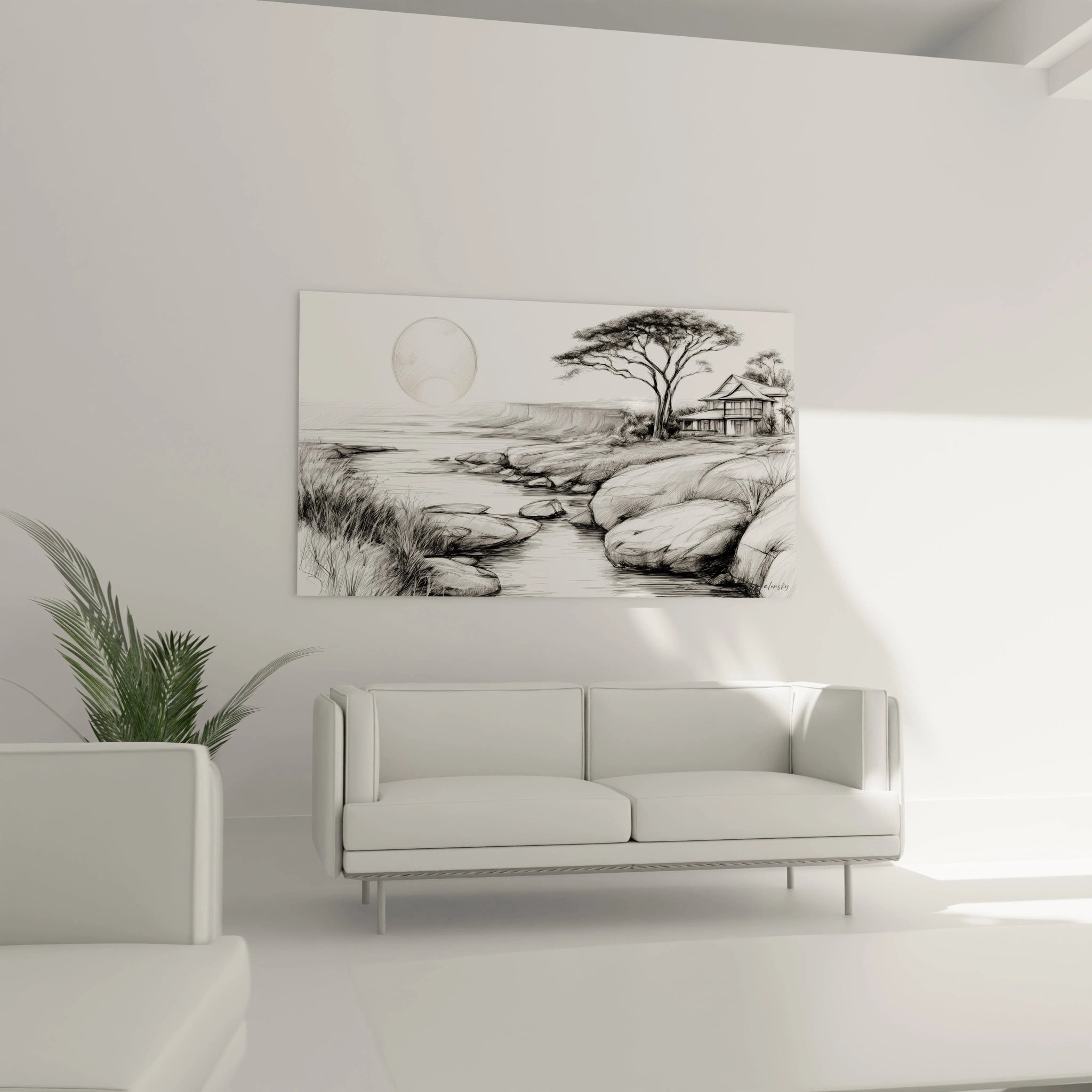 Tableau paysage africain moderne de Walensky affiché au-dessus d'un canapé dans un salon minimaliste