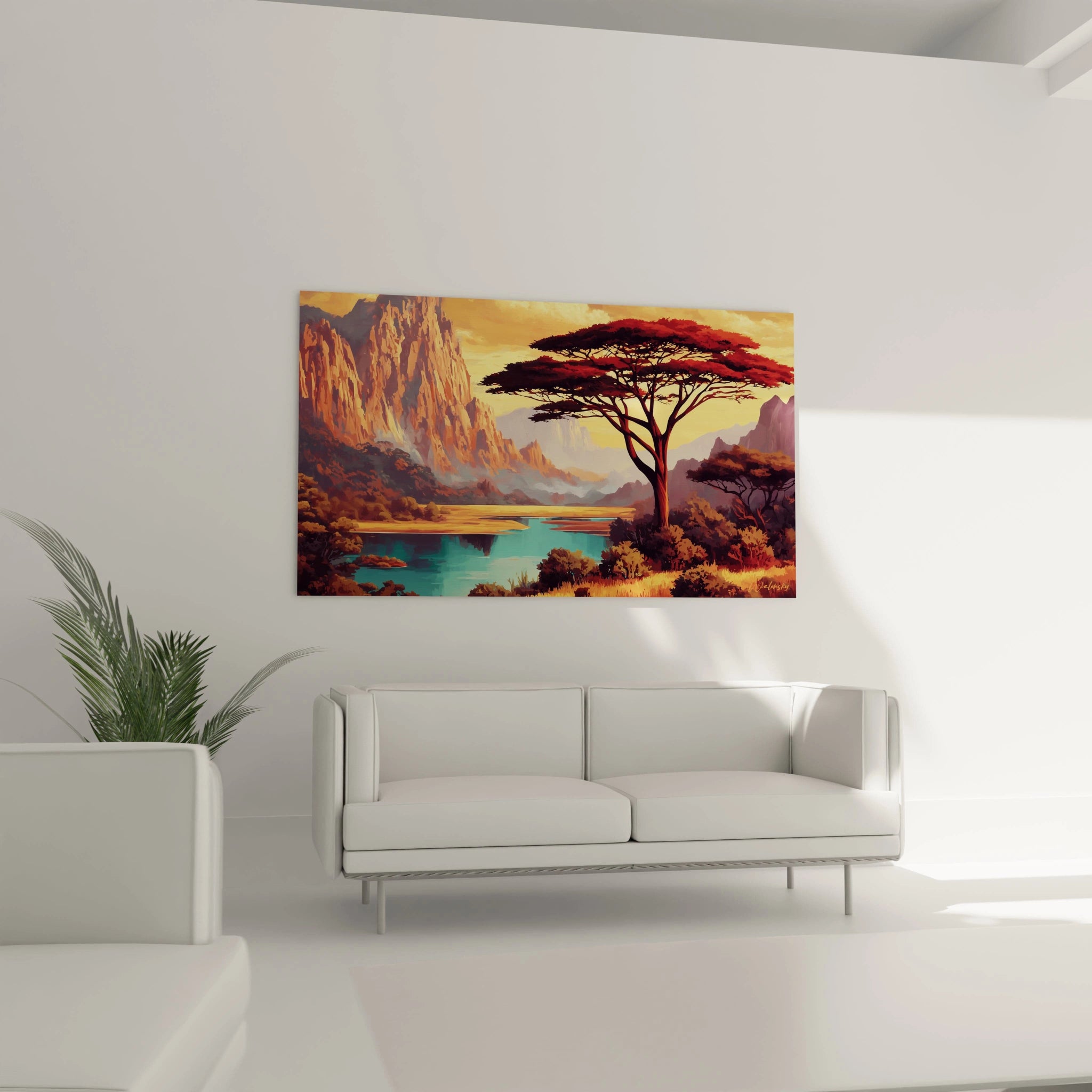 Tableau mural paysage africain avec des montagnes et un arbre surplombant un lac turquoise