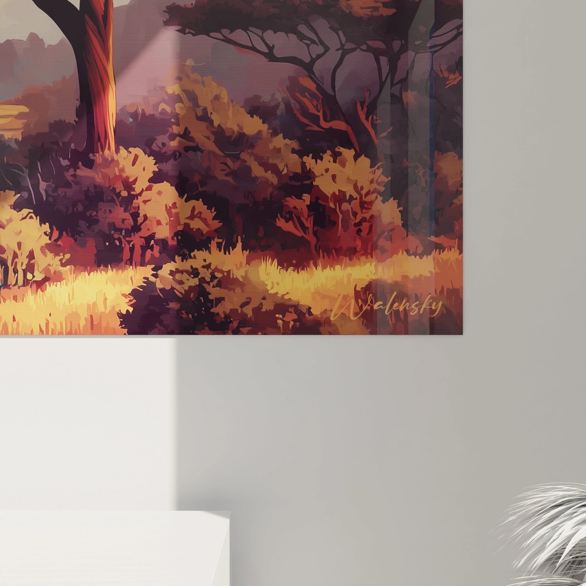 Tableau mural paysage africain avec des arbres colorés et un ciel vibrant au coucher du soleil