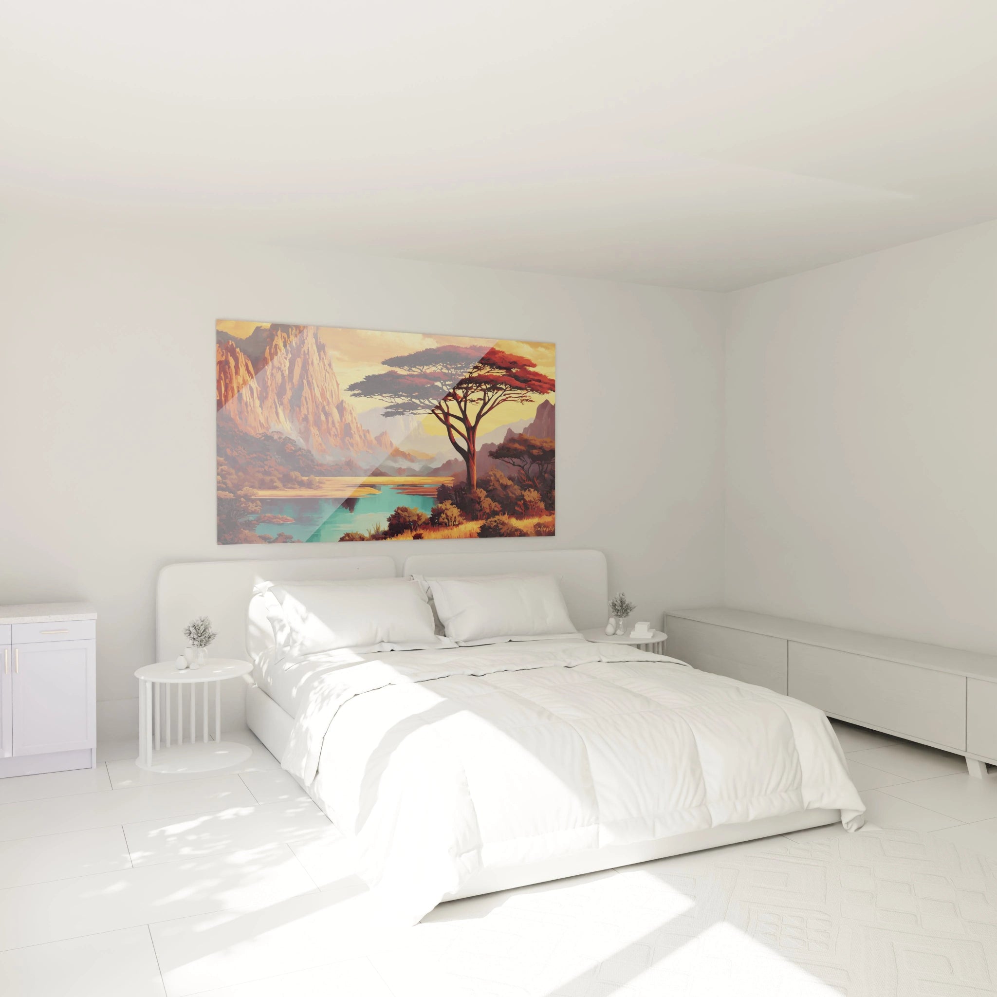 Tableau mural paysage africain Walensky sur un mur au-dessus d'un lit moderne dans une chambre claire