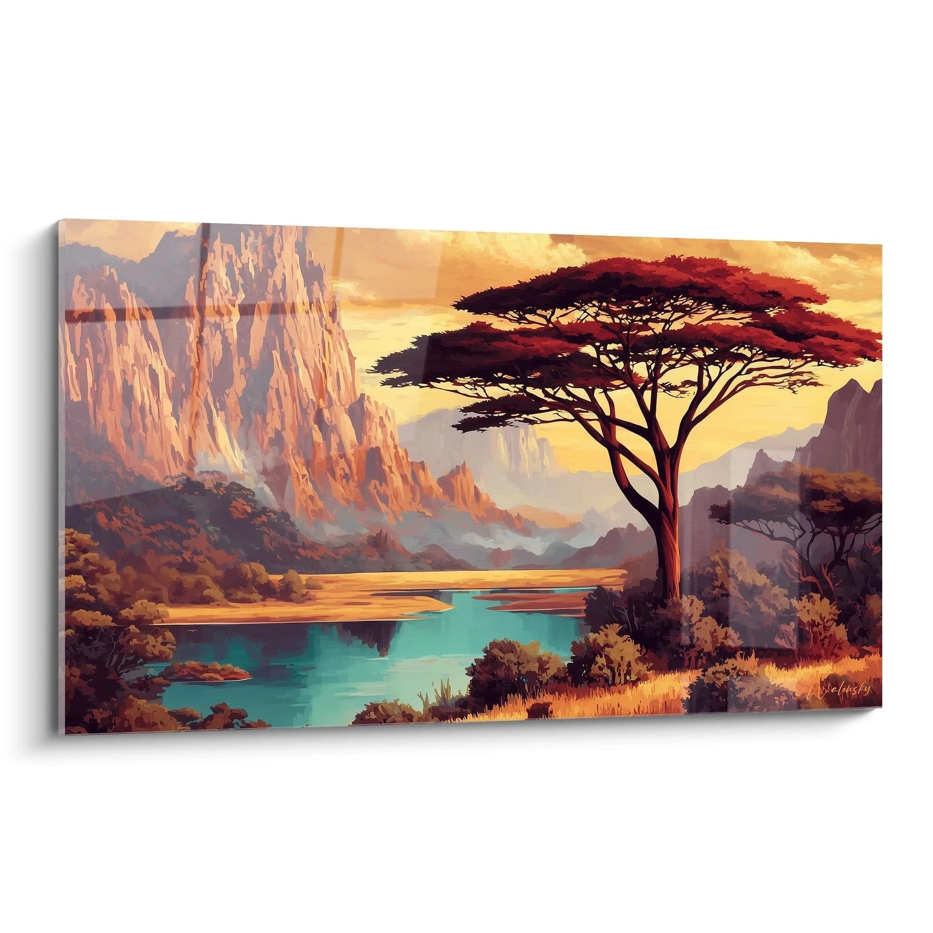 Tableau mural paysage africain avec un arbre majestueux et des montagnes majestueuses en arrière-plan