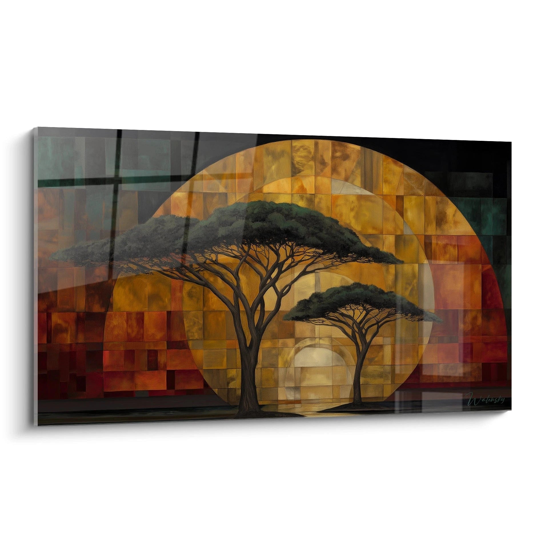 Tableau mural paysage africain contemporain avec des arbres silhouettés et des couleurs chaudes.