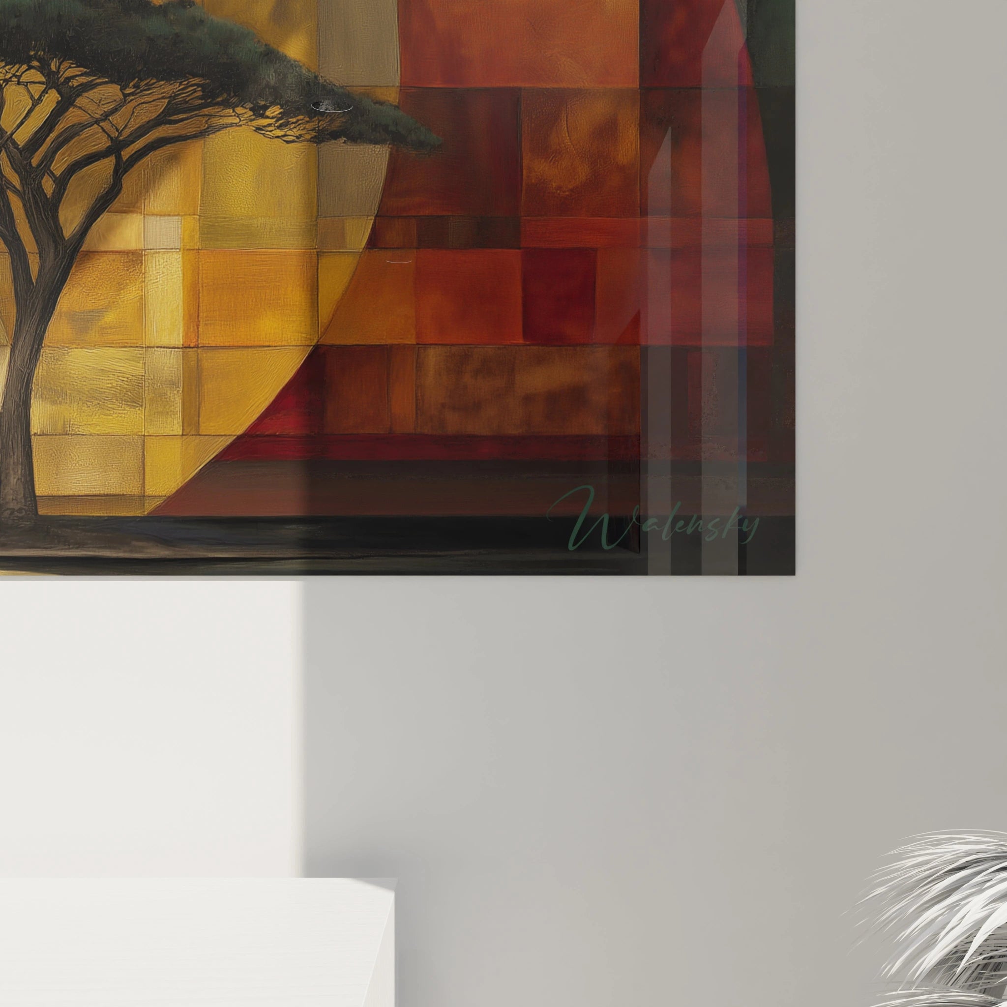 Tableau mural africain contemporain avec un arbre silhouette et des couleurs chaudes, tableau paysage africain contemporain