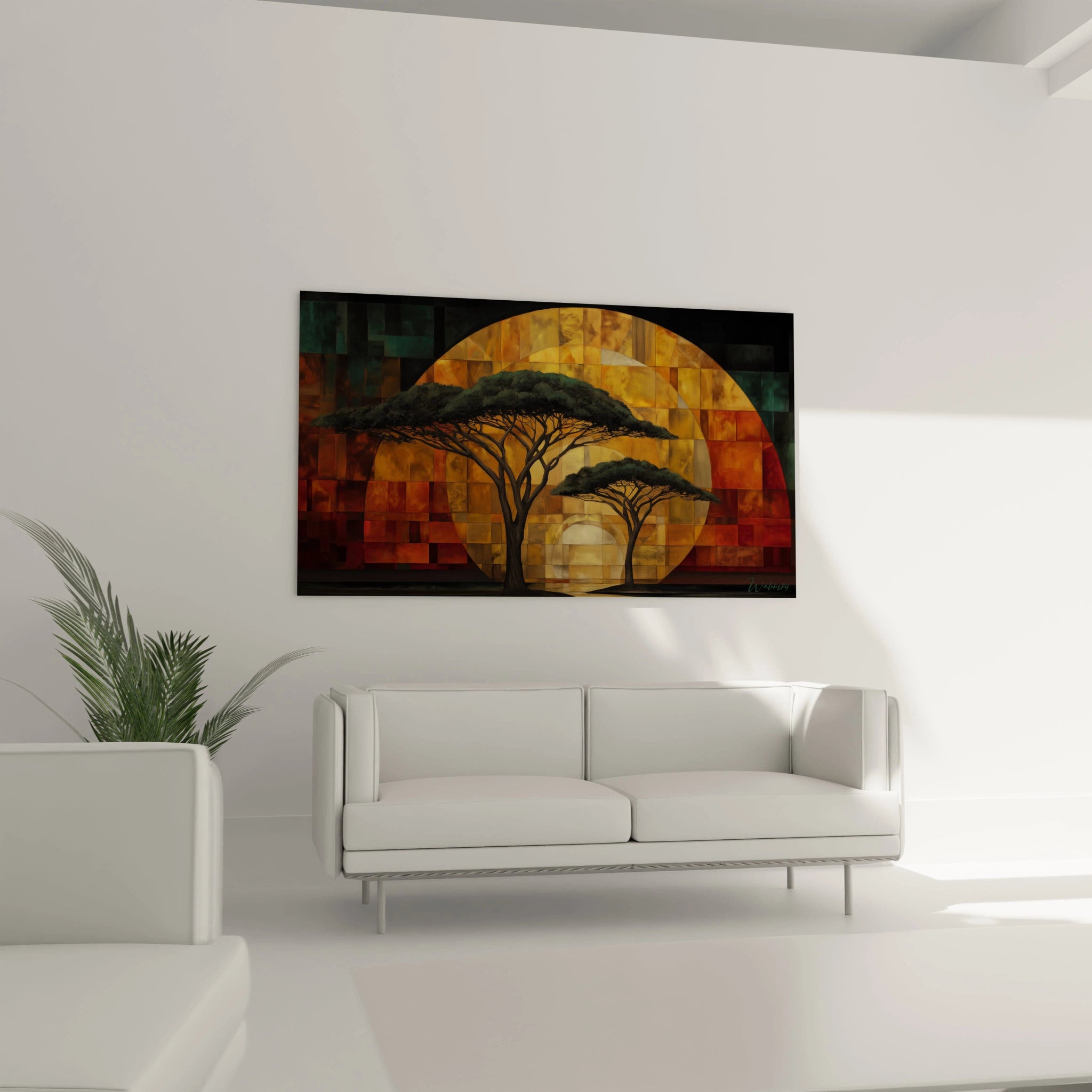 Tableau paysage africain contemporain de Walensky avec arbres silhouettés et couleurs chaudes