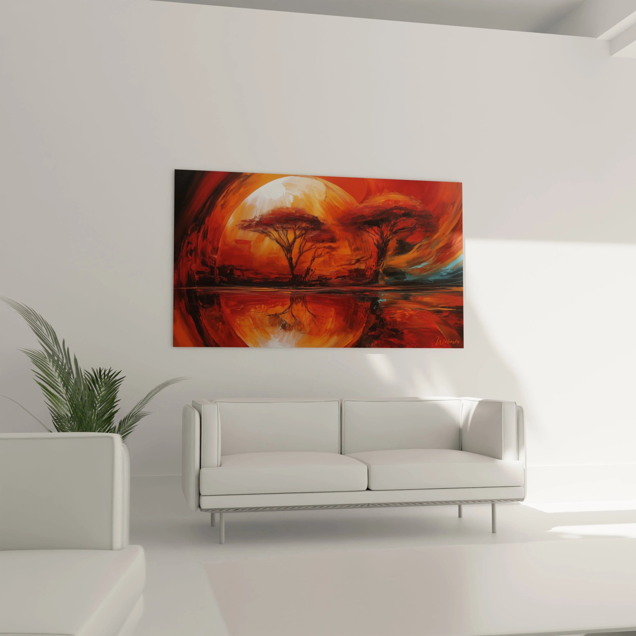 Tableau paysage africain moderne avec arbres rouges et un reflet lumineux sur un mur élégant