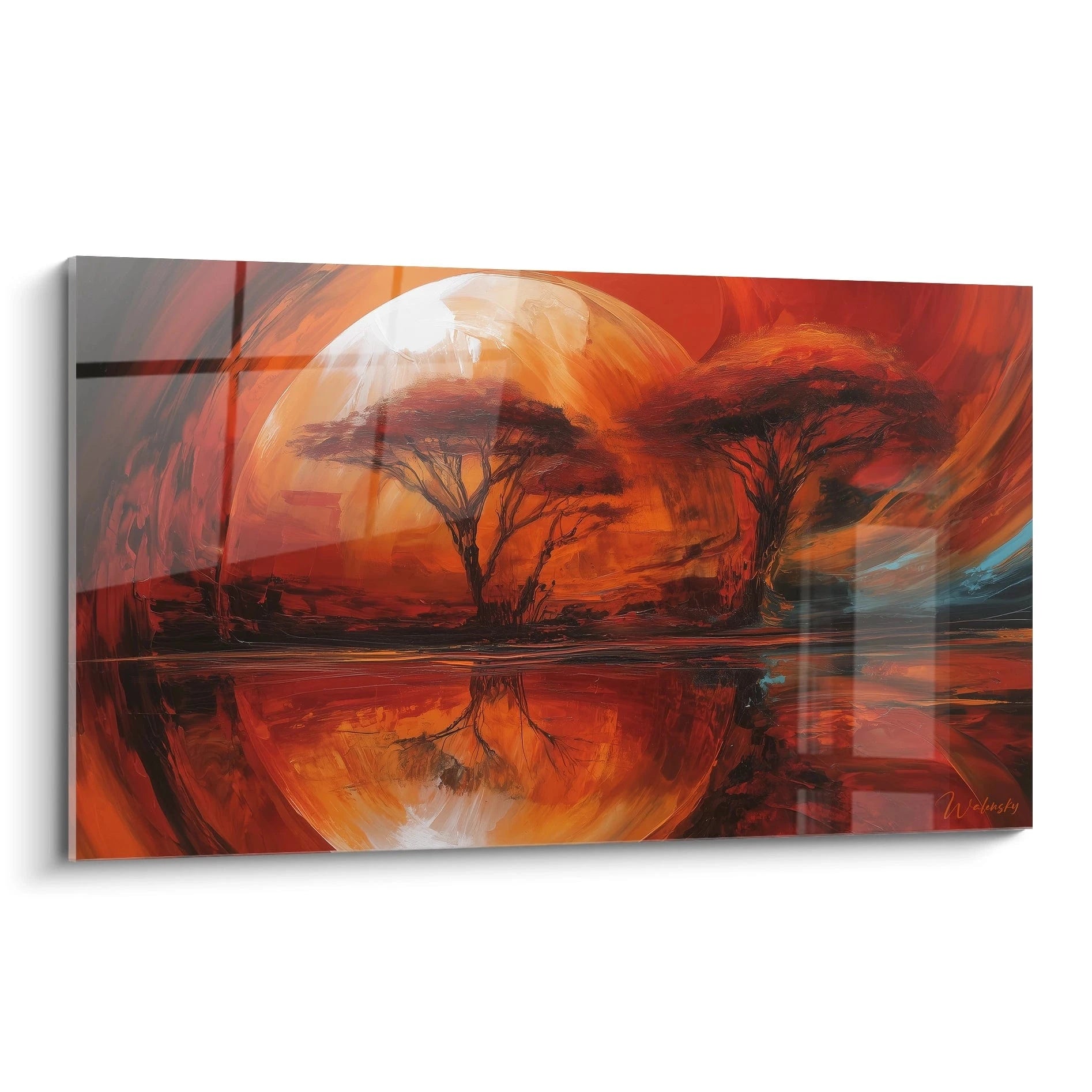 Tableau mural paysage africain moderne avec des arbres silhouettés et des couleurs vives reflétant un coucher de soleil
