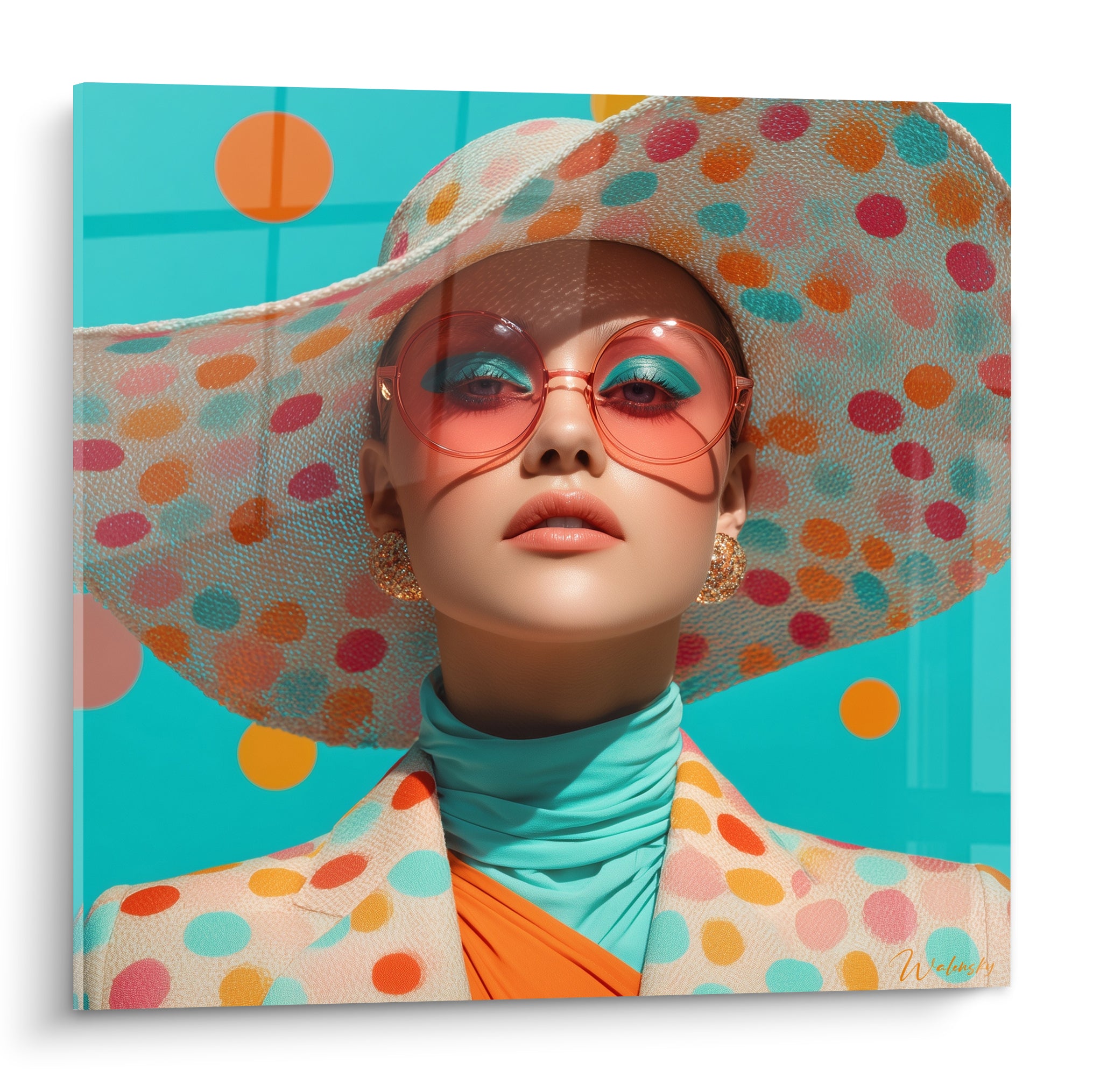 Portrait accessoires de mode chapeau turquoise et orange à pois, lunettes corail, fond bleu vif