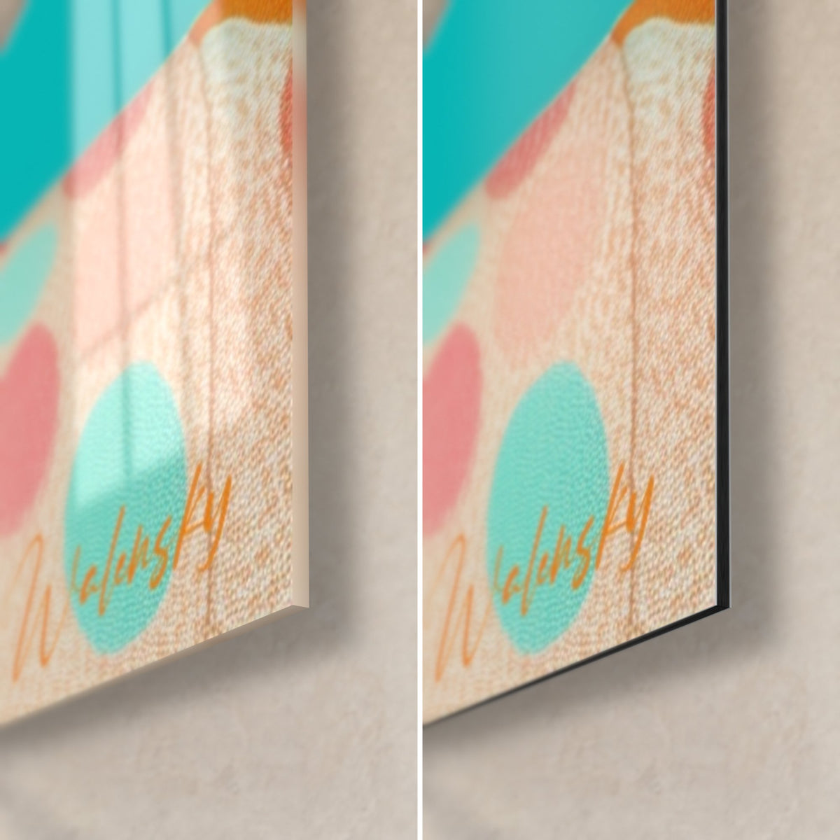 Tableau visage à lunettes corail, coin bas droit: signature Walensky orange, verre brillant et Dibond mat, tranche de 3 mm