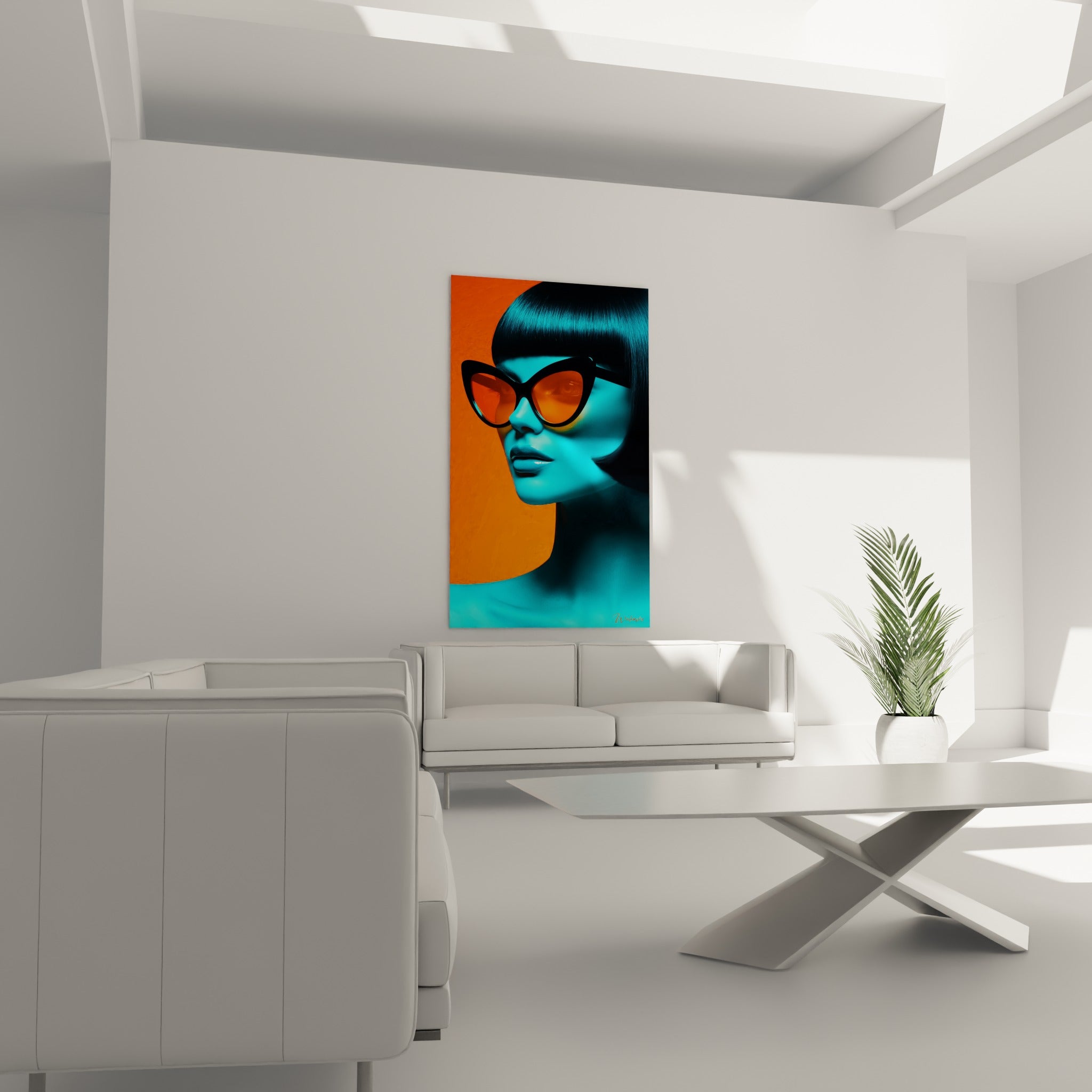 Visage bleu turquoise sous lunettes orange vif, disposé au-dessus d'un canapé dans un salon lumineux