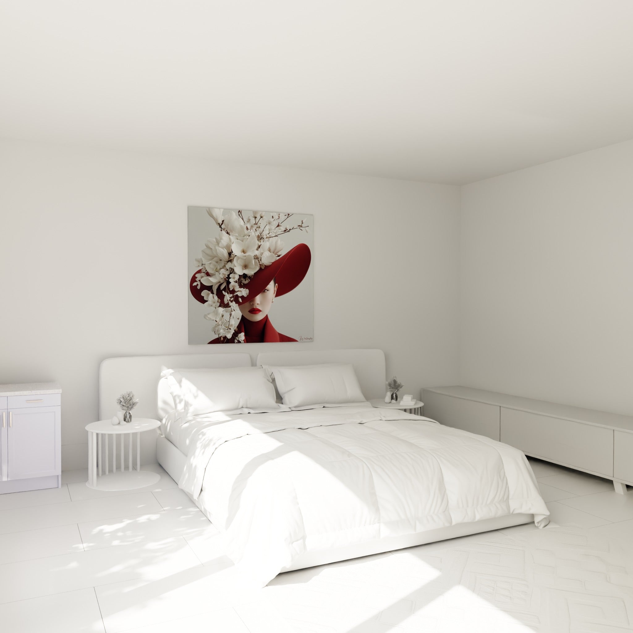 Portrait bordeaux et blanc d'une femme fleurie accroché au-dessus d'un lit dans une chambre claire