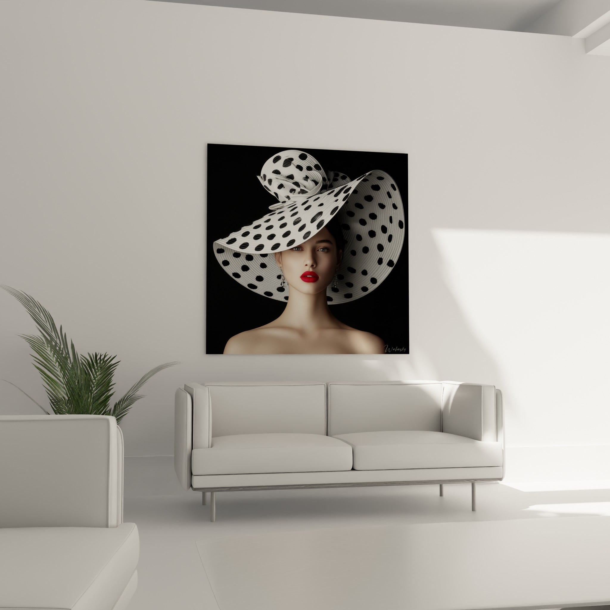 Regard intense sous large chapeau blanc et noir à pois, au-dessus d'un canapé dans un salon lumineux