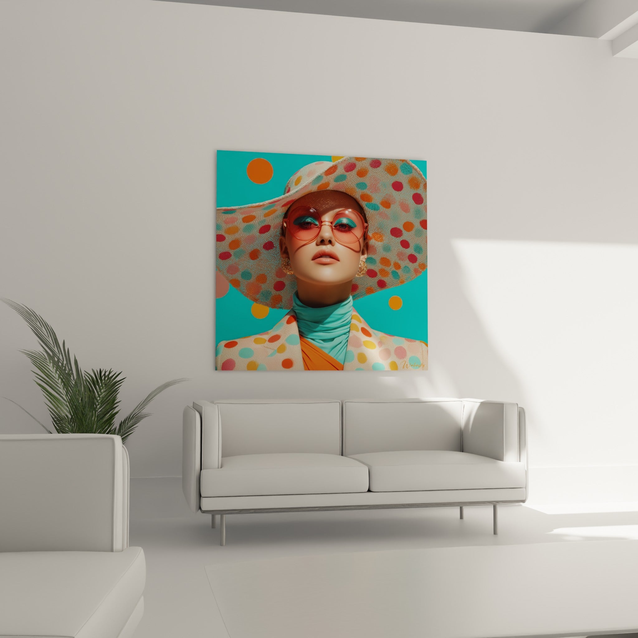 Regard sous large chapeau coloré accroché au-dessus d'un canapé dans un salon lumineux