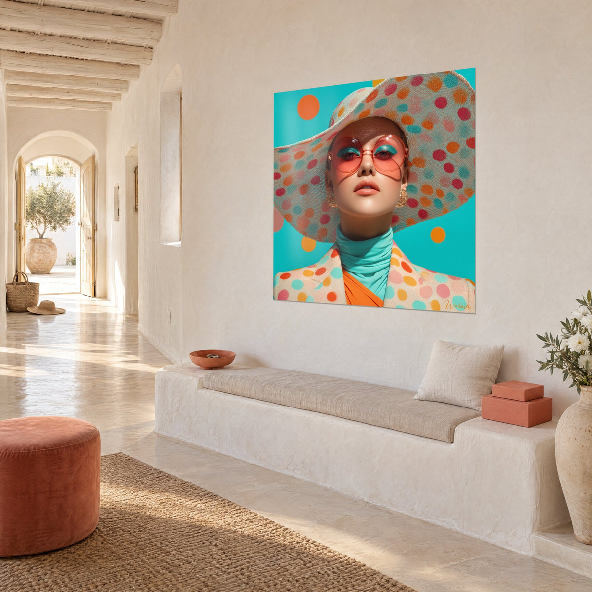 Tableau mannequin sous large capeline mouchetée, fond turquoise et pois orange, accroché dans un couloir méditerranéen blanc
