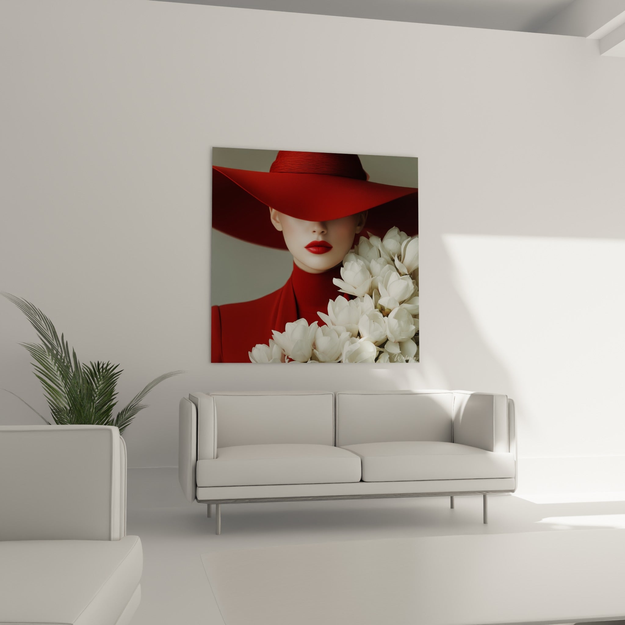 Silhouette au large chapeau rouge et fleurs blanches accrochée au-dessus d'un canapé dans un salon lumineux