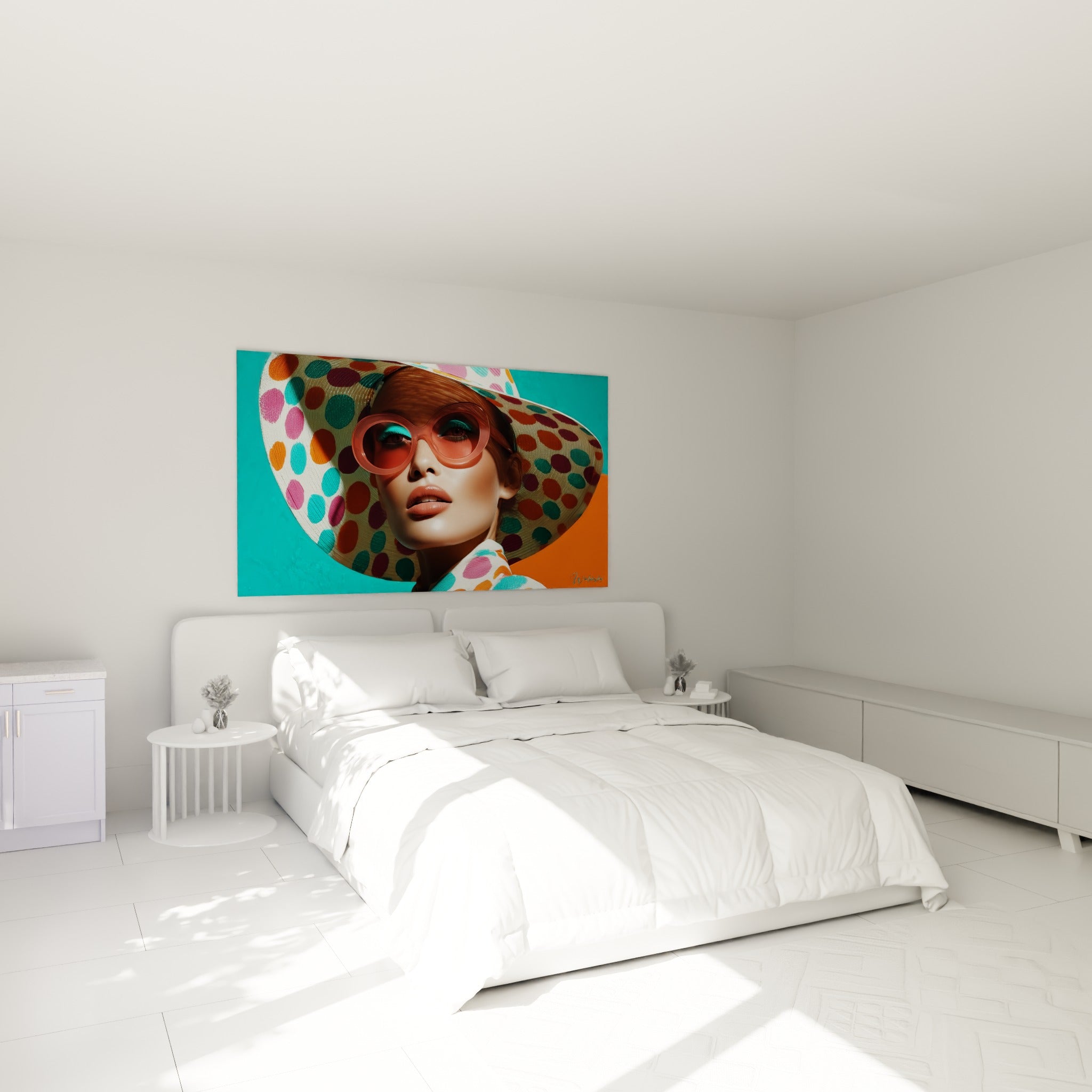 Visage sous chapeau à pois pêche et vert d'eau, accroché au-dessus d'un lit dans une chambre claire