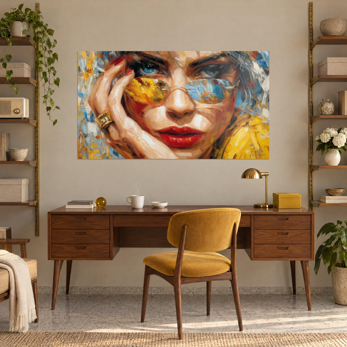 Cuadro de una joven glamurosa, ojos azur y uñas rojas, empastes dorados, colgado sobre un escritorio de madera y un sillón mostaza