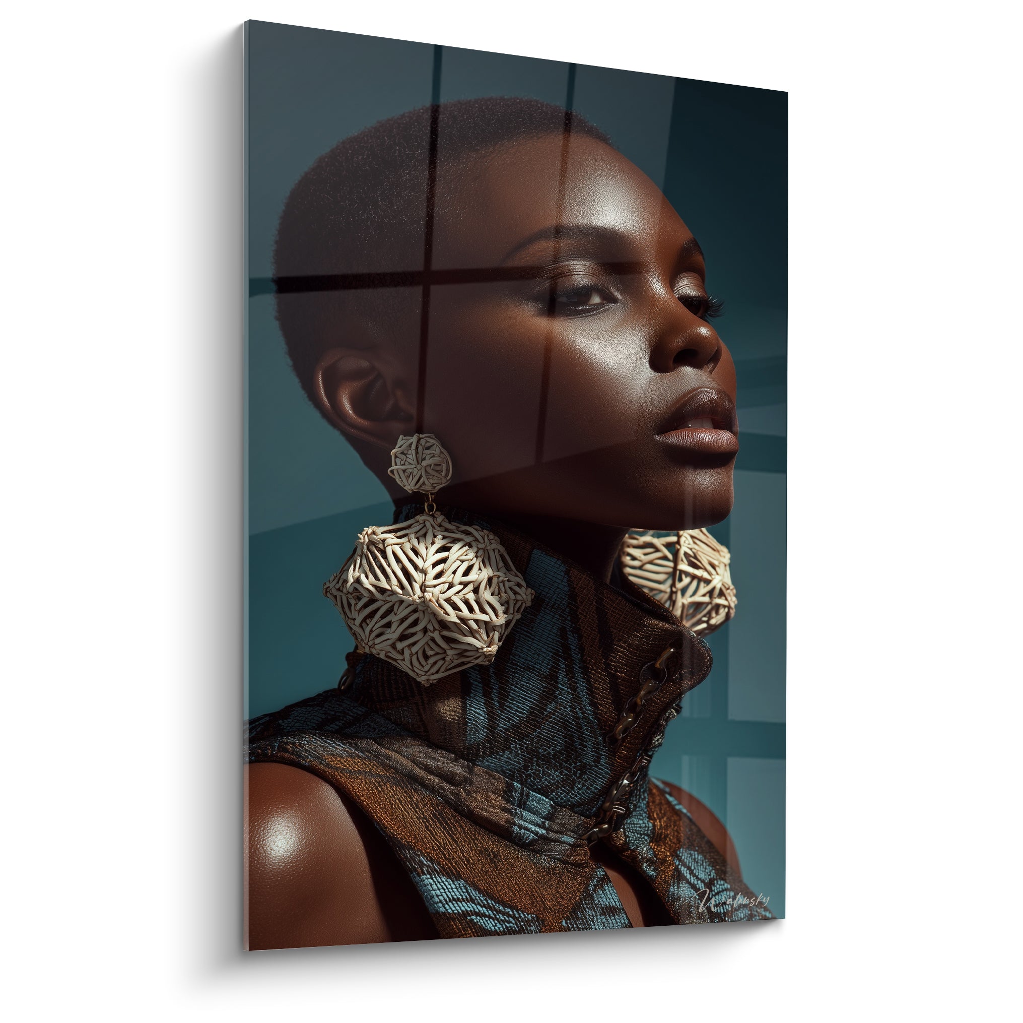 Femme au profil serein, peau brune, boucles d'oreilles beige tressées et fond bleu pétrole strié