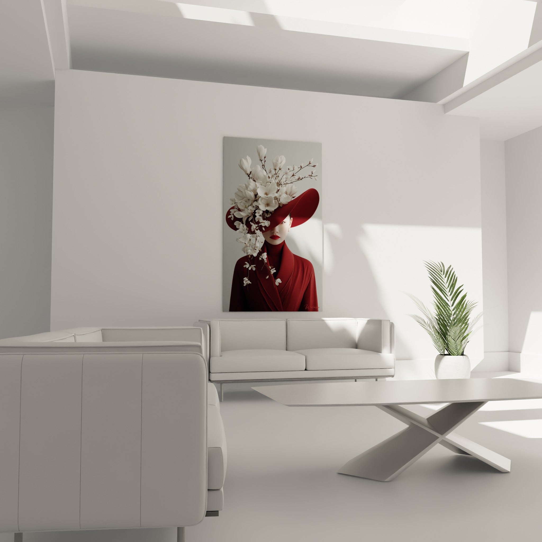 Portrait floral bordeaux et blanc suspendu au-dessus d'un canapé dans un salon lumineux