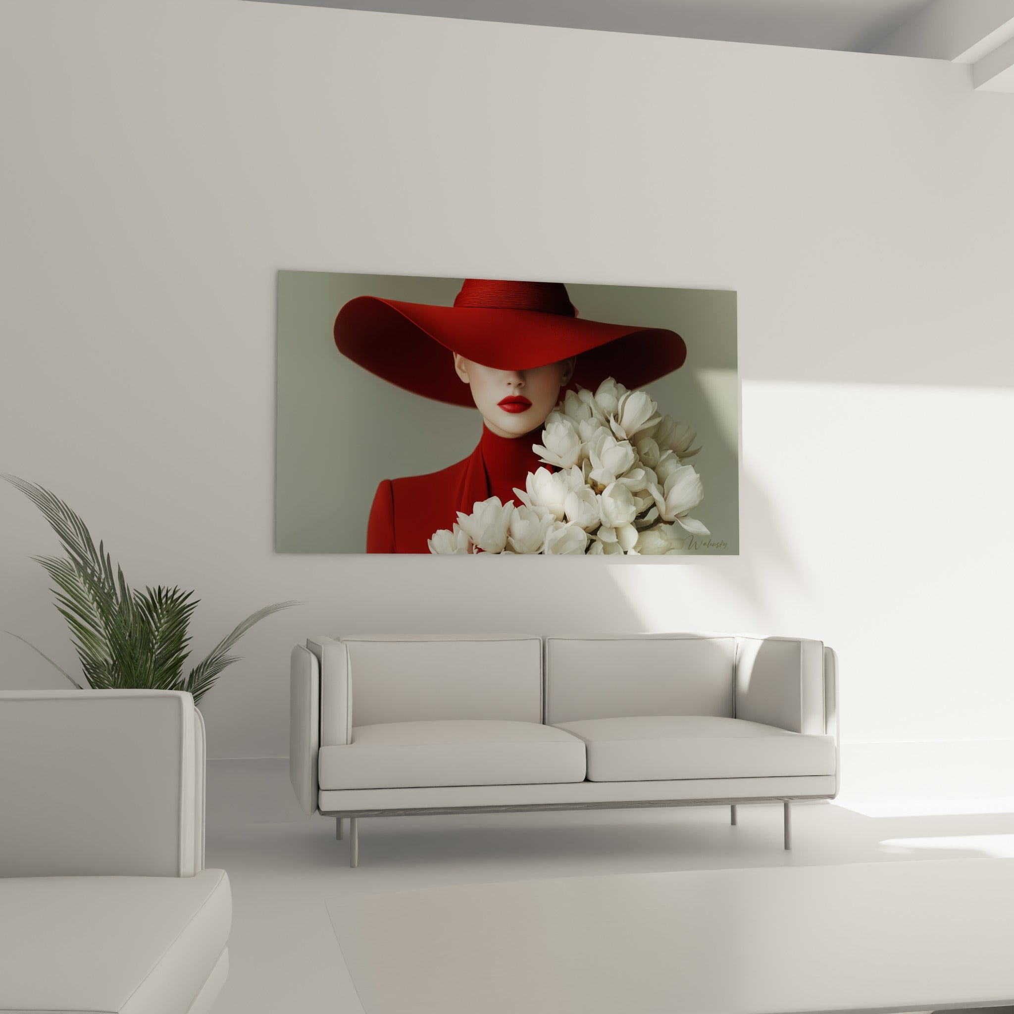 Portrait mystérieux au chapeau rouge et fleurs blanches, au-dessus d'un canapé dans un salon lumineux