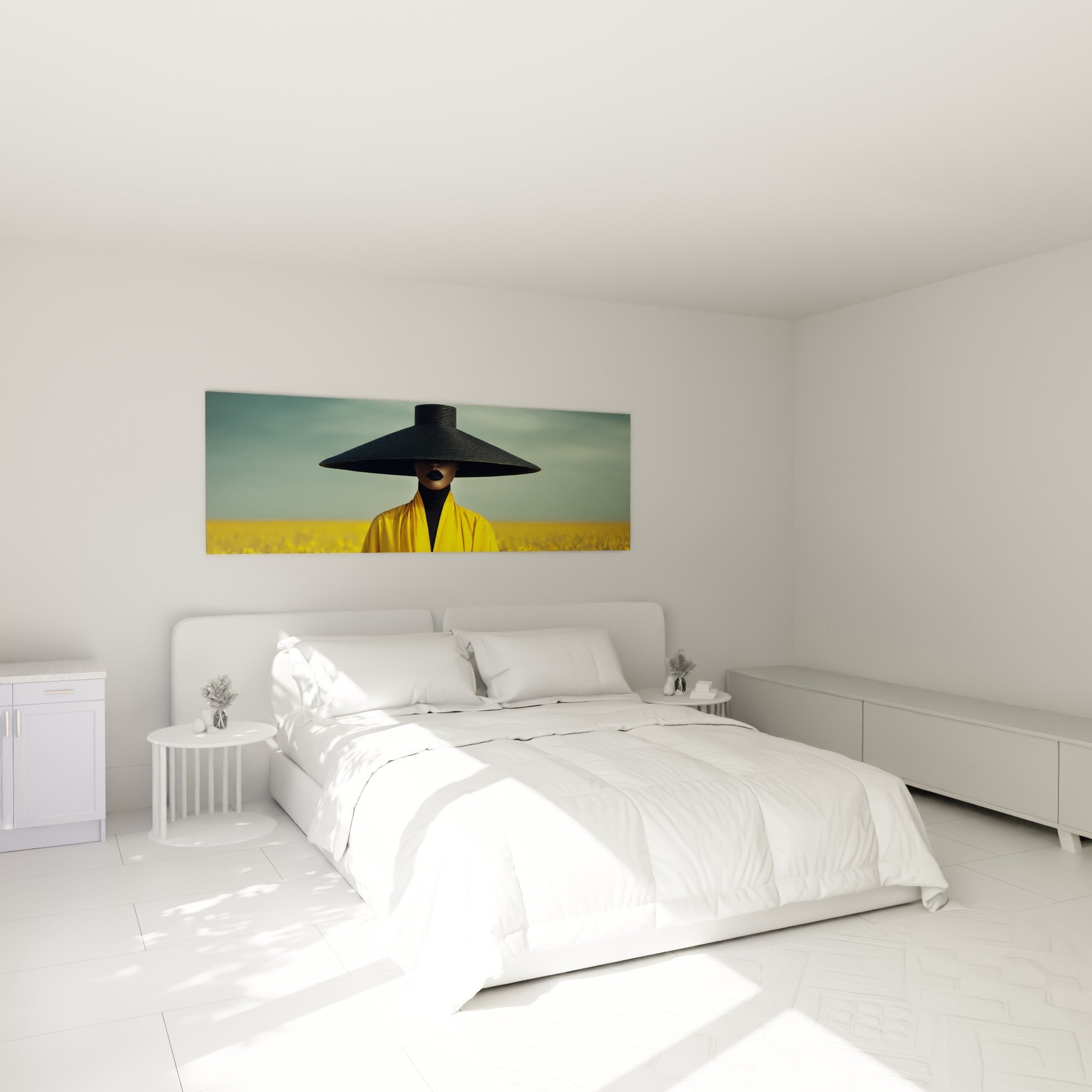 Manteau jaune et chapeau anthracite d'une silhouette accrochée au-dessus d'un lit dans une chambre claire