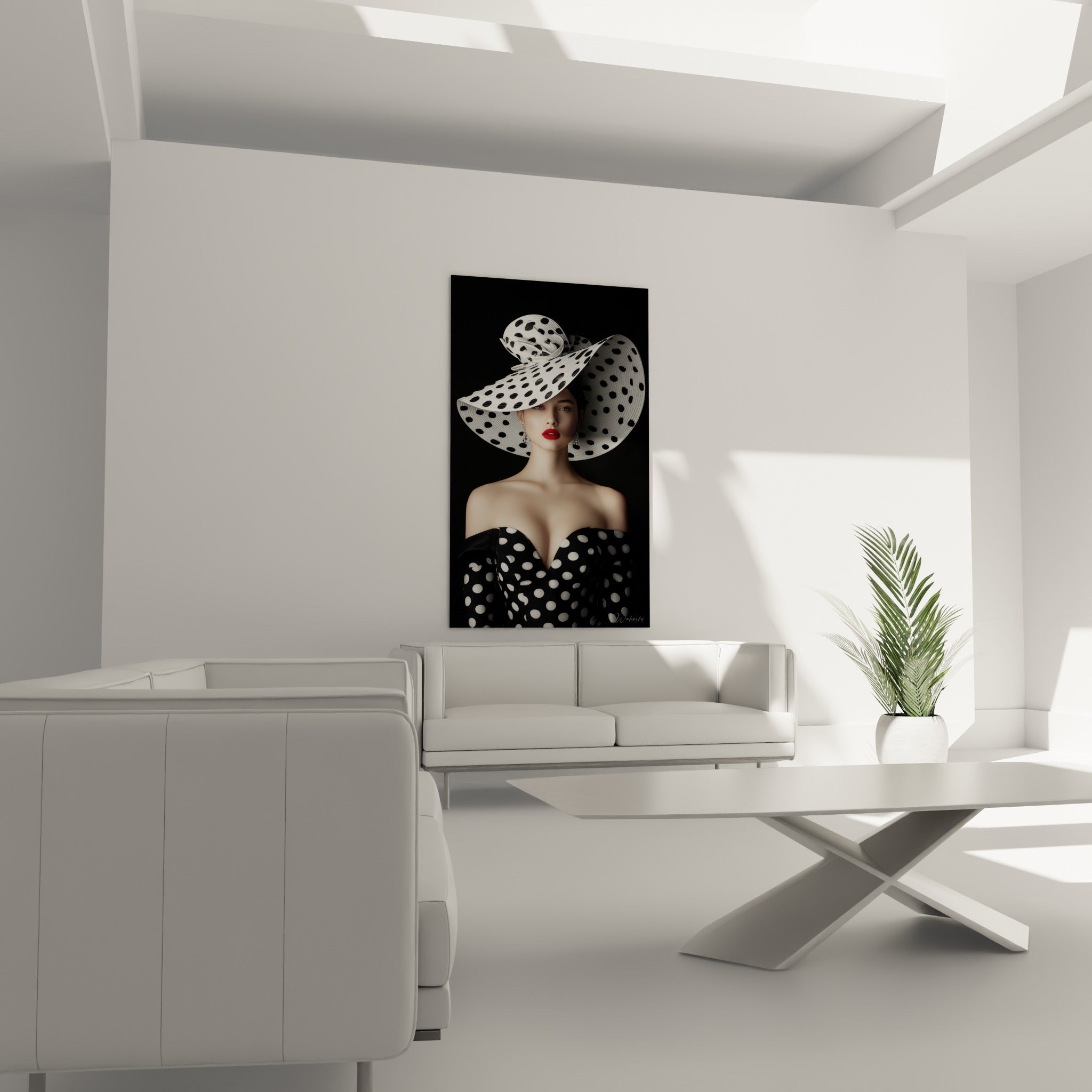 Silhouette élégante au large chapeau à pois blancs et noirs, au-dessus d'un canapé dans un salon lumineux