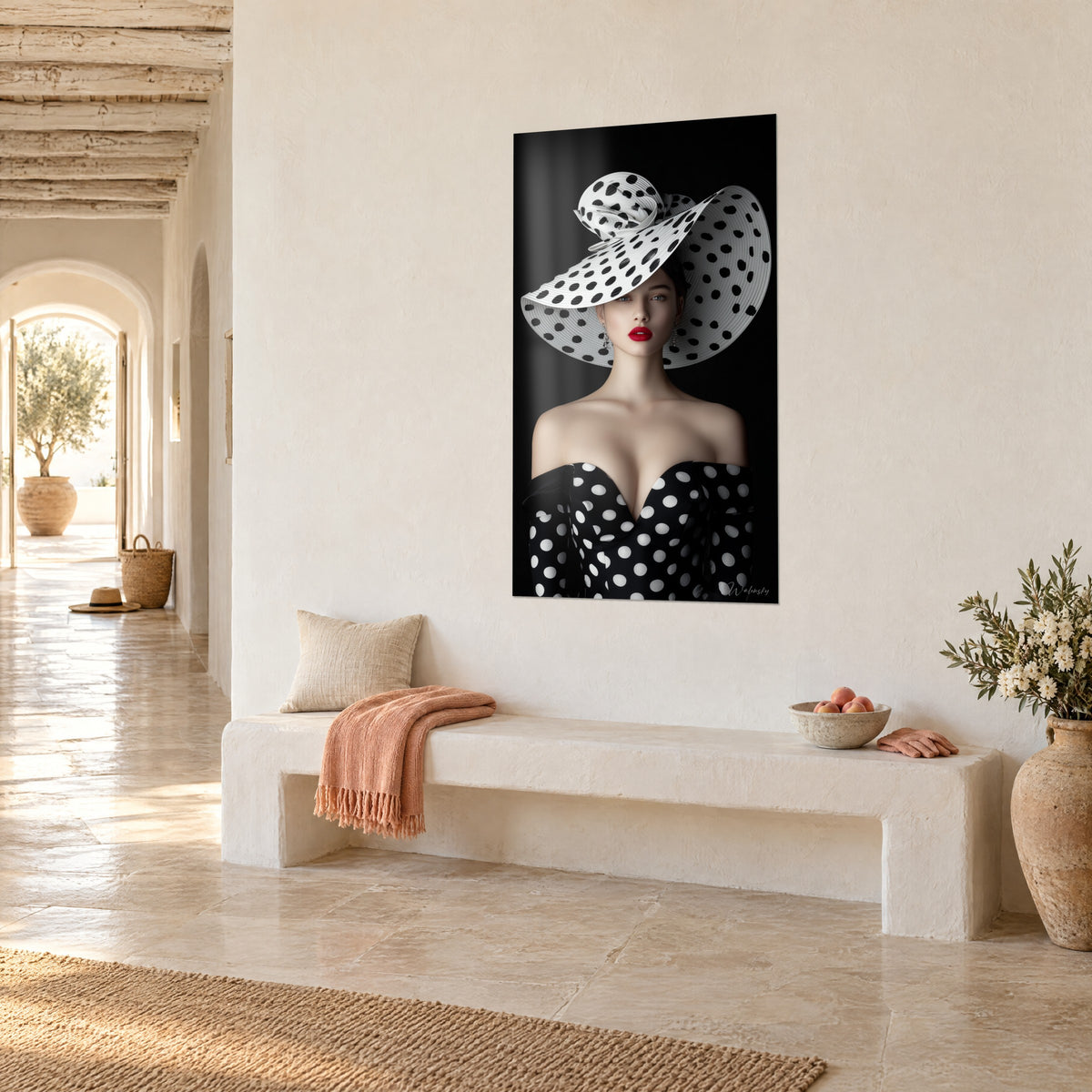 Quadro elegante incoronata da un enorme bibi svasato bianco e nero, sguardo limpido, posa di tre quarti, su un muro color crema di un corridoio ad archi