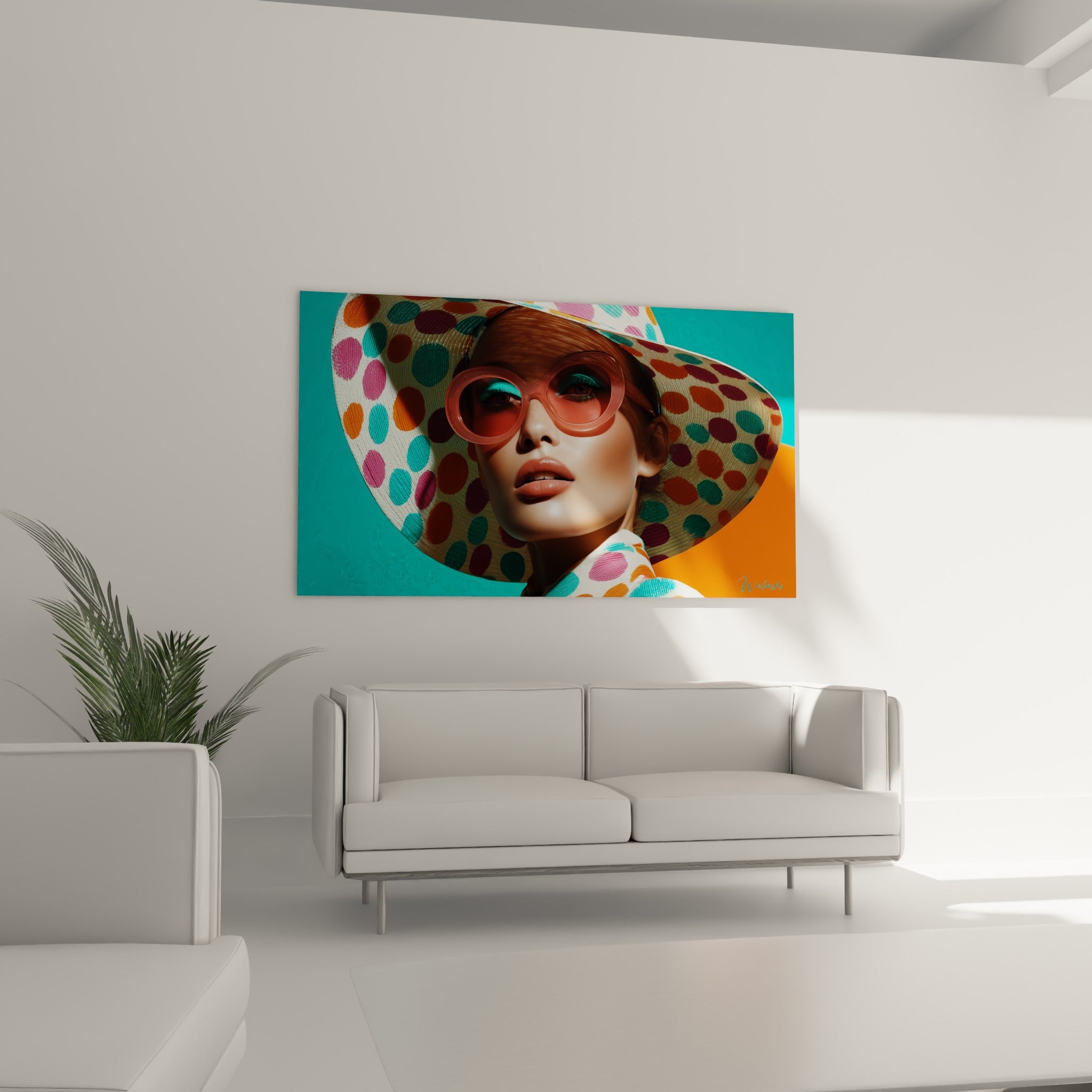 Femme aux lunettes roses et chapeau turquoise, accrochée au-dessus d'un canapé dans un salon lumineux