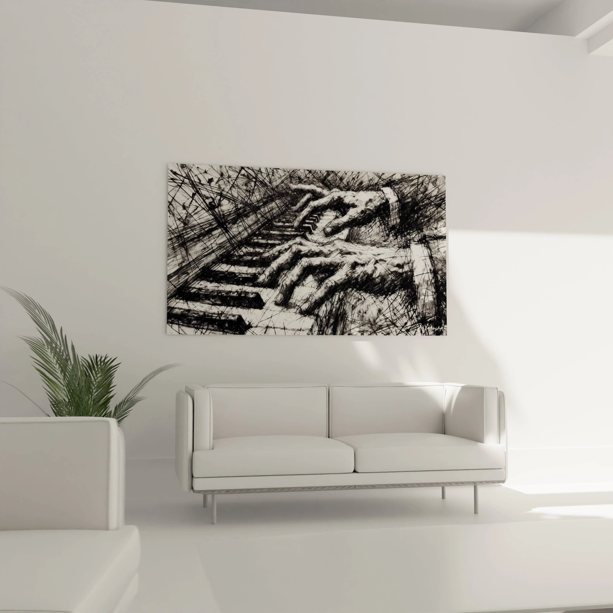 "Apportez du caractÚre à votre salon avec ce tableau expressif de mains jouant du piano. L'énergie du noir et blanc ajoute une touche artistique à votre intérieur. Décoration Salon"