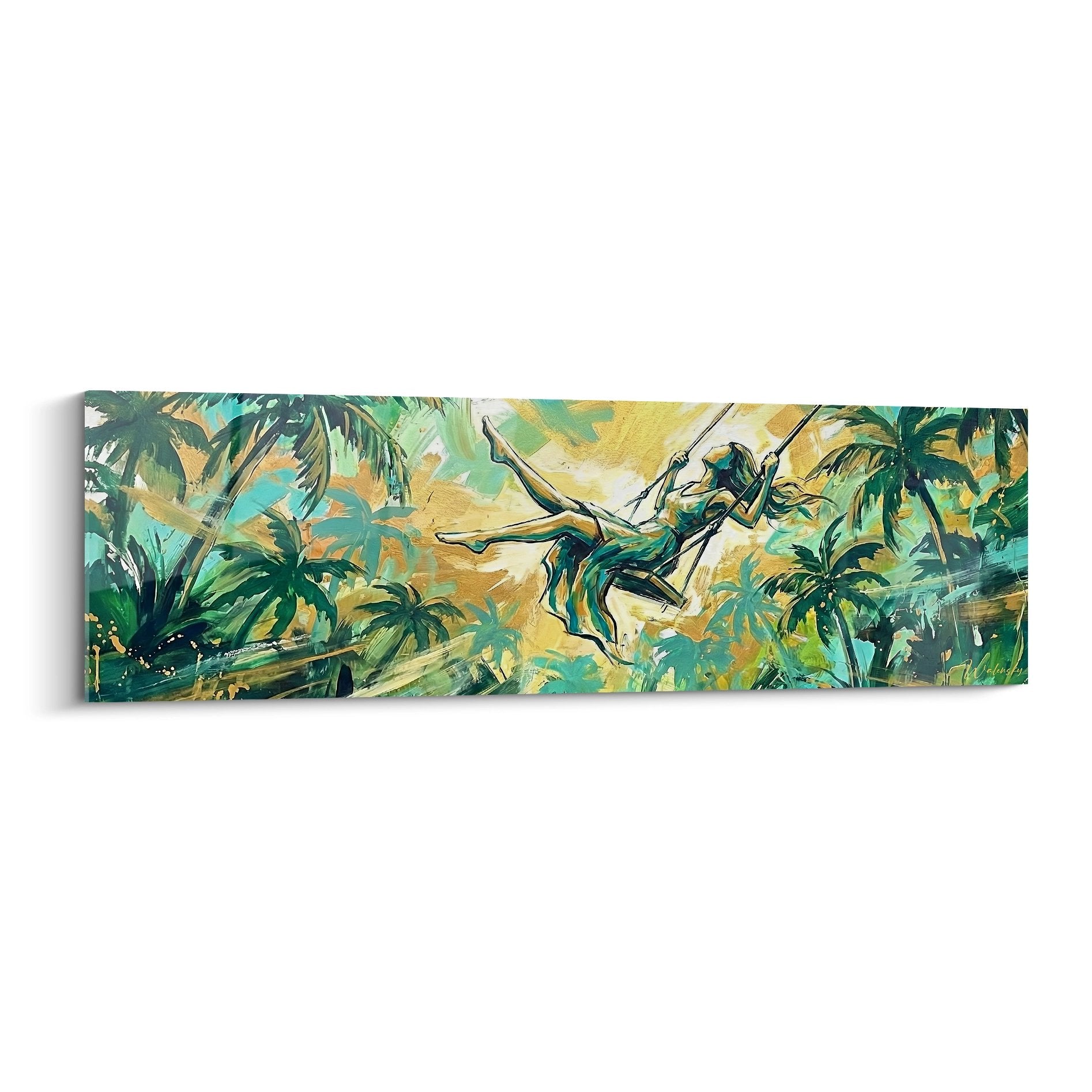 Tableau acrobate en vol dans jungle tropicale turquoise et dorée style expressif horizontal