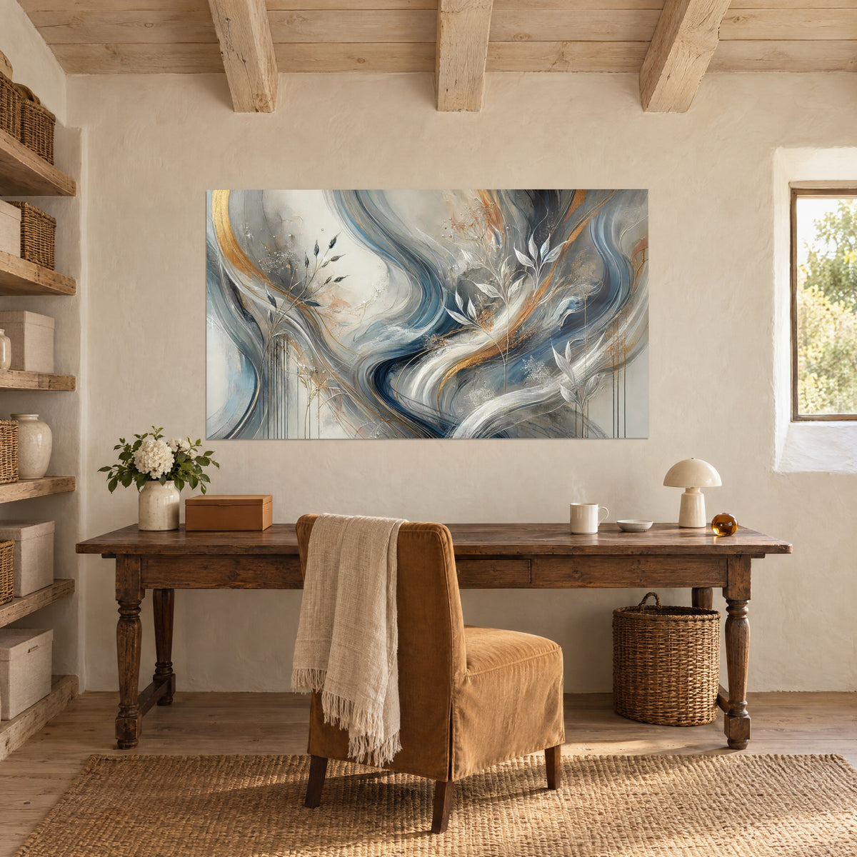 Quadro con movimento di pigmenti grigio avorio e rame, rami pallidi, sopra una scrivania di legno in una stanza a volta