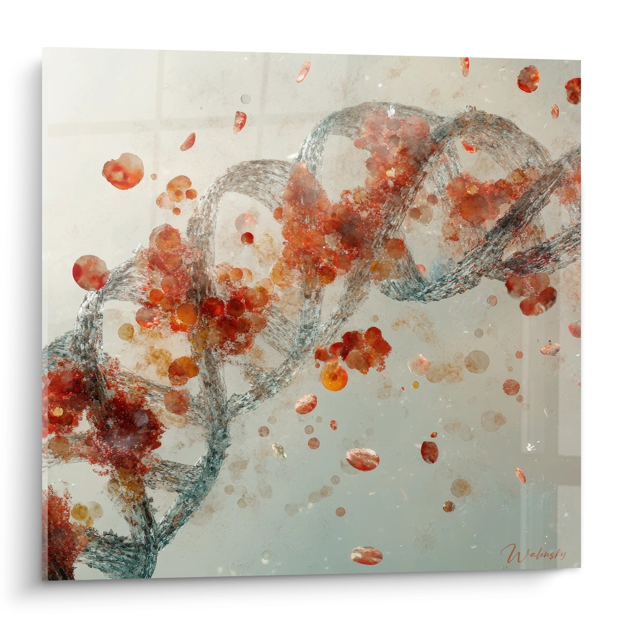 Tableau mural ADN abstrait rouge et orange représentant une double hélice moléculaire artistique