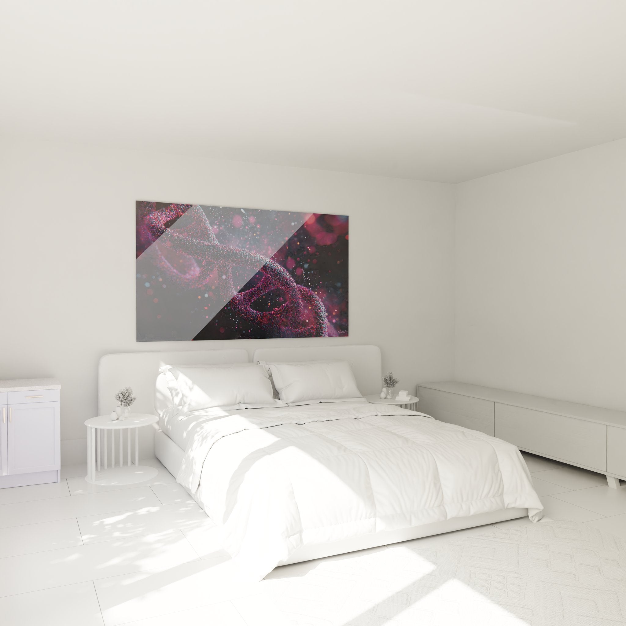 Tableau ADN hélice génétique décoratif installé dans chambre moderne aux tons cosmiques