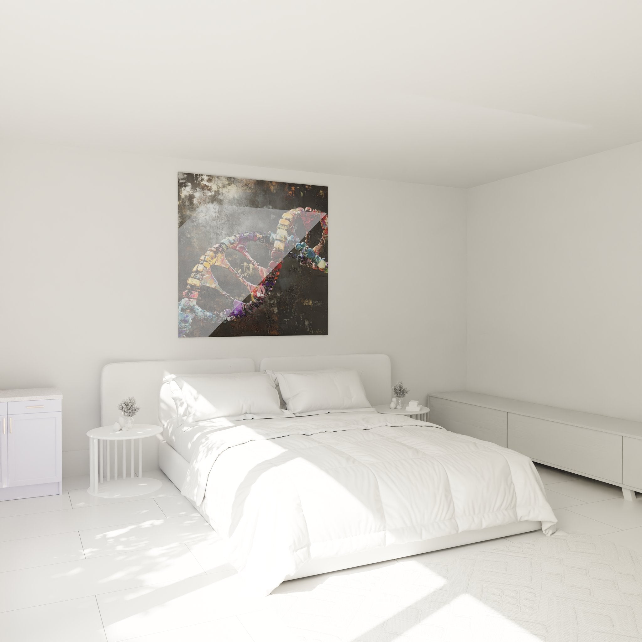 Tableau ADN coloré dans une chambre moderne, décoration murale scientifique avec hélice génétique artistique