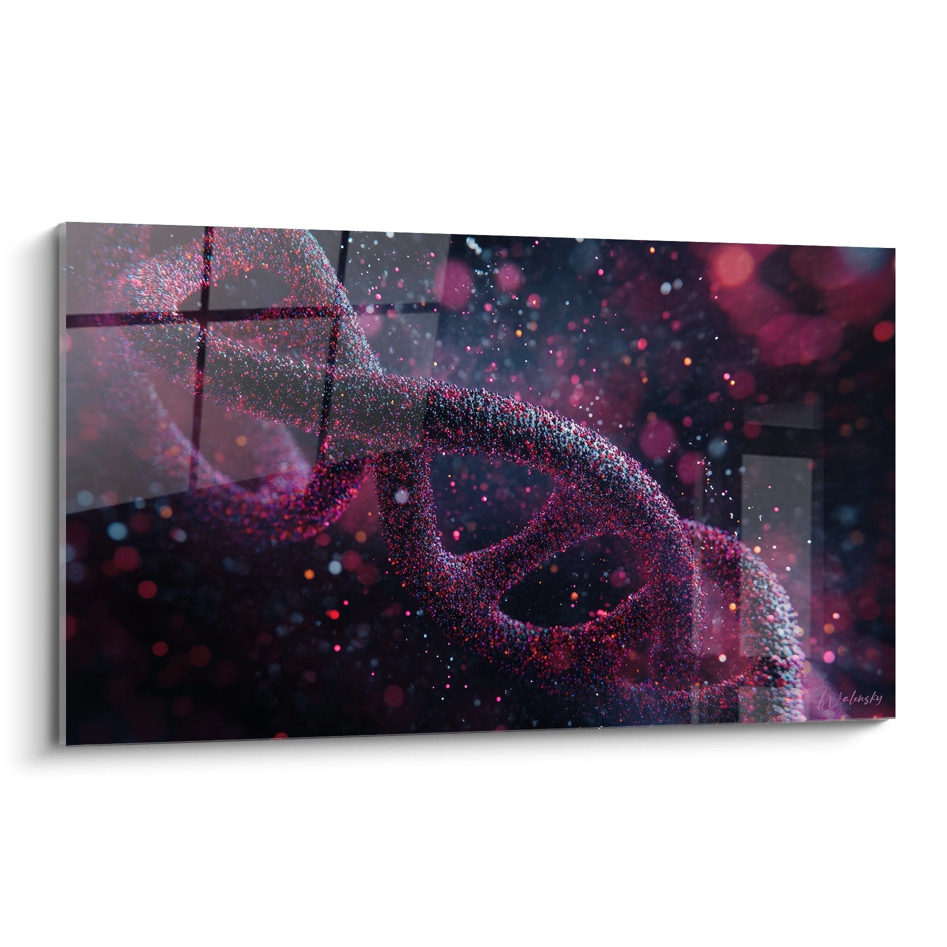 Tableau mural ADN cosmique avec double hélice en particules magenta et bleues dans espace stellaire