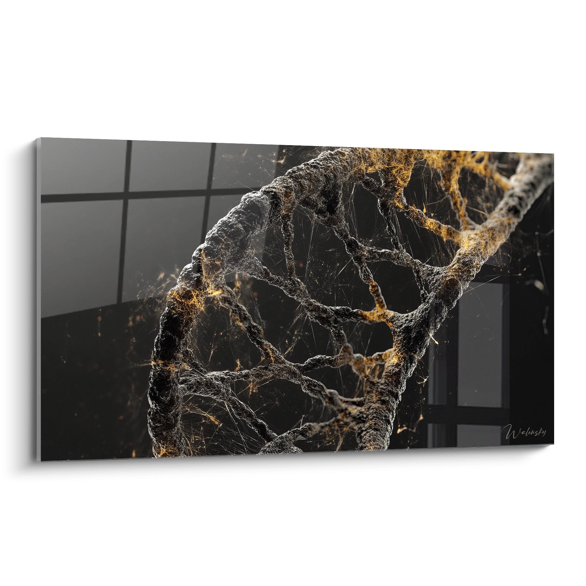 Tableau mural ADN doré représentant une double hélice génétique lumineuse sur fond sombre moderne