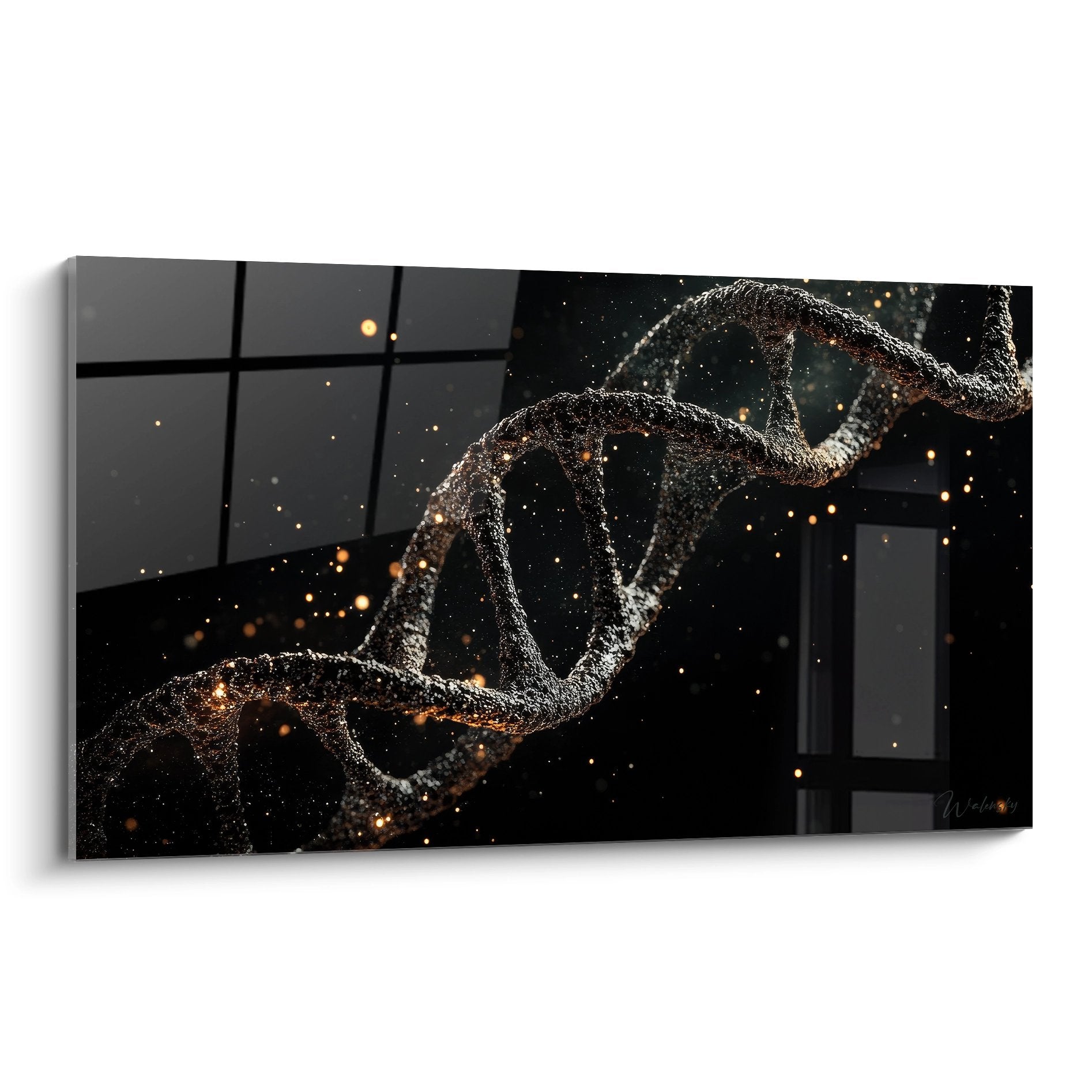 Tableau mural ADN double hélice dorée scintillante avec particules lumineuses sur fond noir moderne