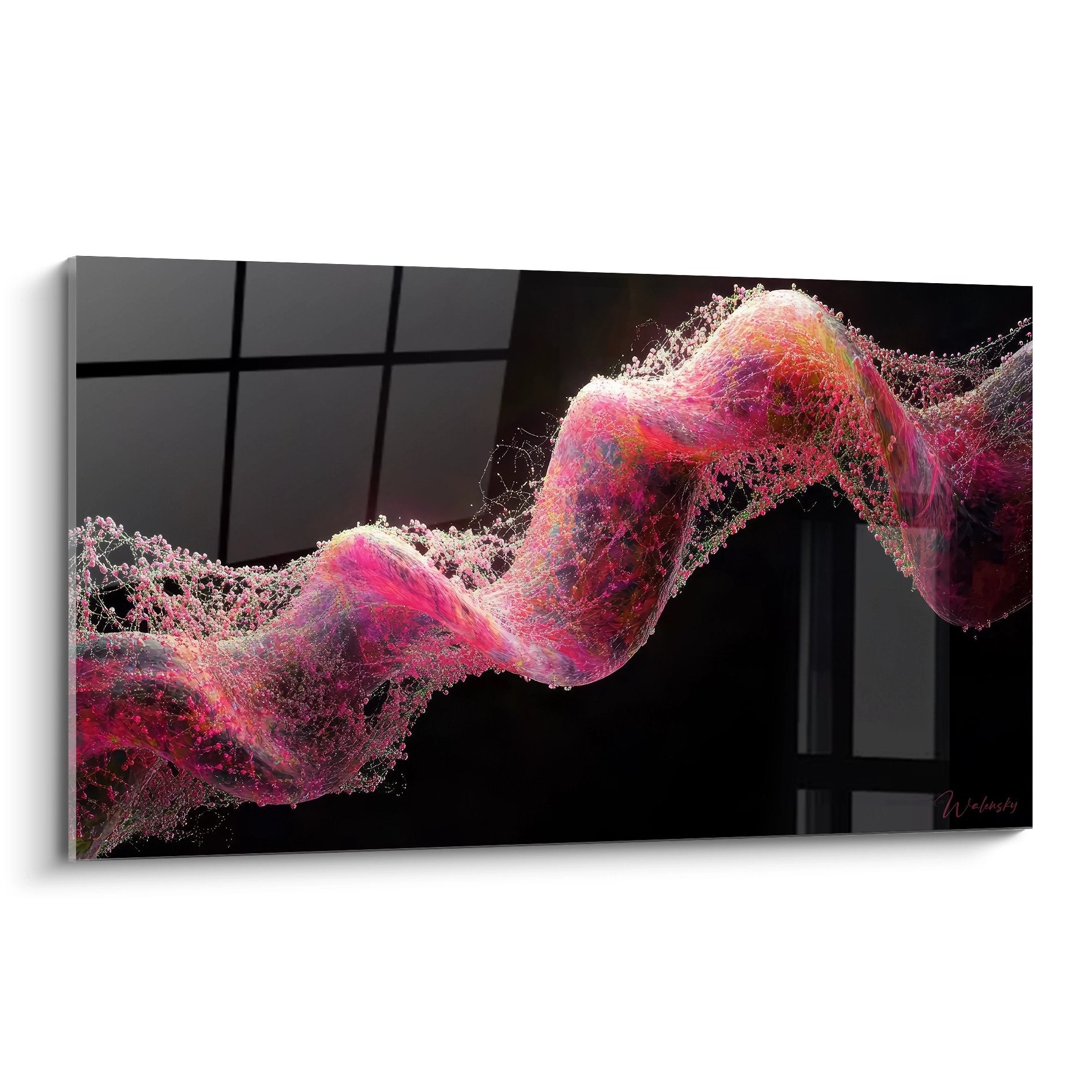 Tableau mural hélice ADN rose et violette sur fond noir, art génétique moderne décoratif