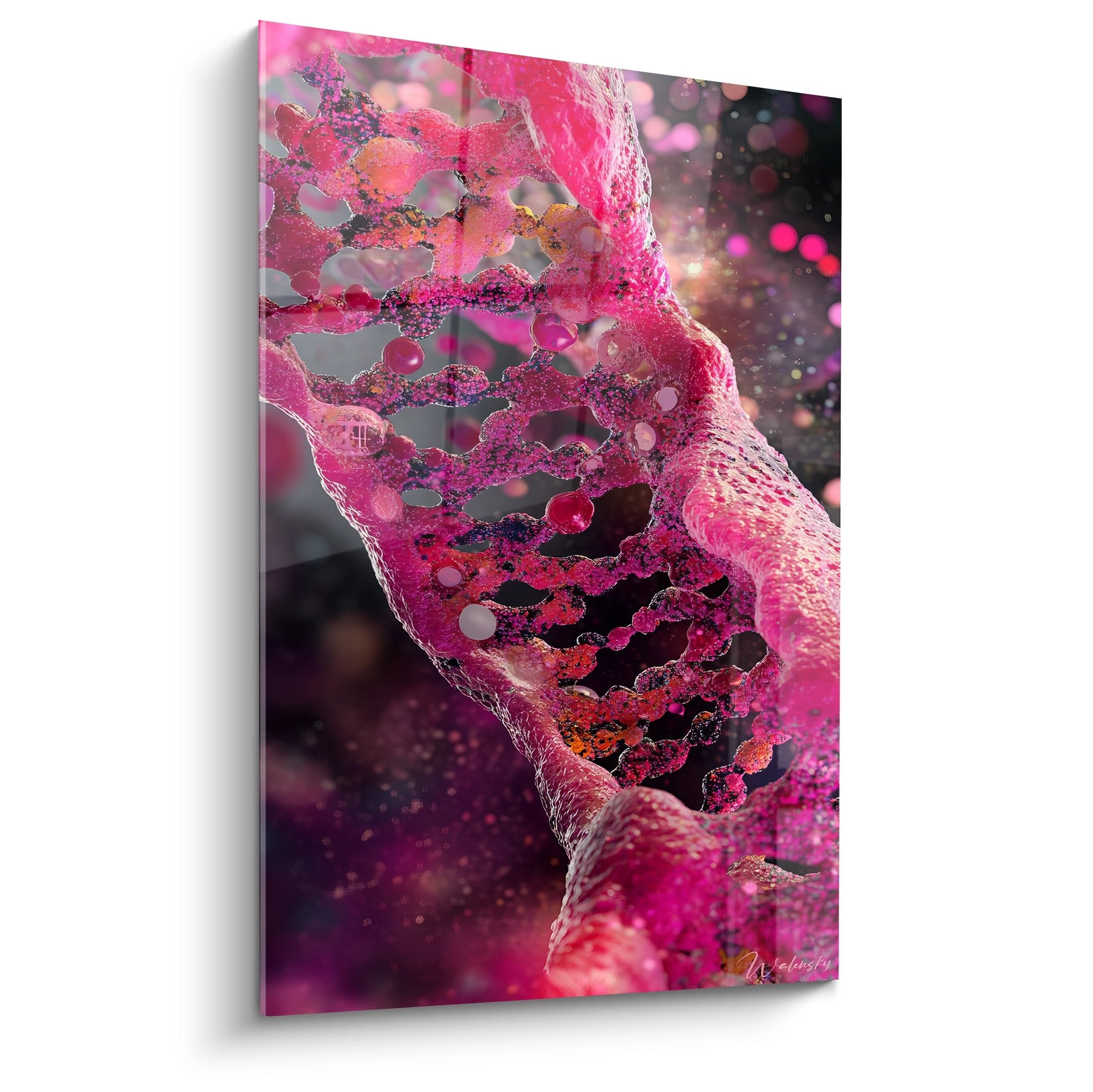 Tableau ADN rose lumineux représentant une hélice génétique avec particules scintillantes